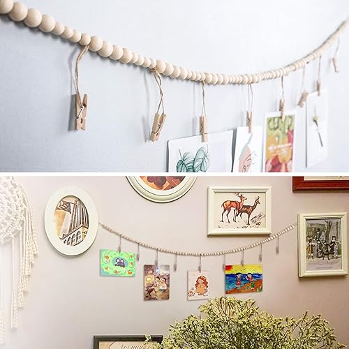 Miniatura 4 de Expositor de fotos para colgar en la pared con guirnalda de cuentas de madera, marco de fotos para decoración de pared bohemia, soportes para fotos