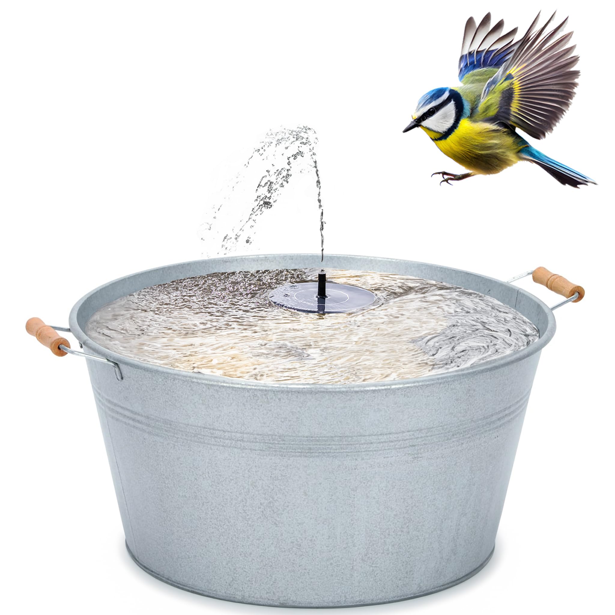 matches21 HOME & HOBBY Solar Fountain Set for Outdoor Use โ 50 cm Zinc Bowl with Wooden Handles as Garden Fountain Spring Fountain โ image 1