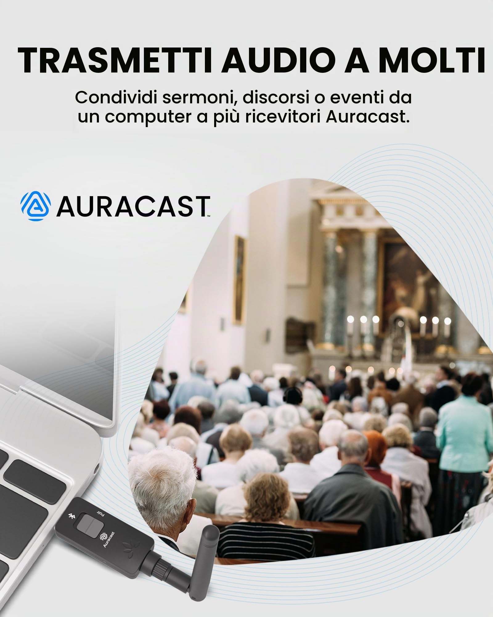 Avantree DG60 Aura – Lungo raggio Trasmettitore Auracast & Adattatore USB Bluetooth 5.4 2-in-1 per Cuffie, Chip Qualcomm, aptX Adaptive, Firmware Aggiornabile, Trasmette Audio del PC a Più Auricolari