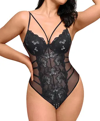 FeelinGirl Lace Shapewear Bodysuits for Women V Neck Tummy Control Blackless Body Suits Thong Body Shaper