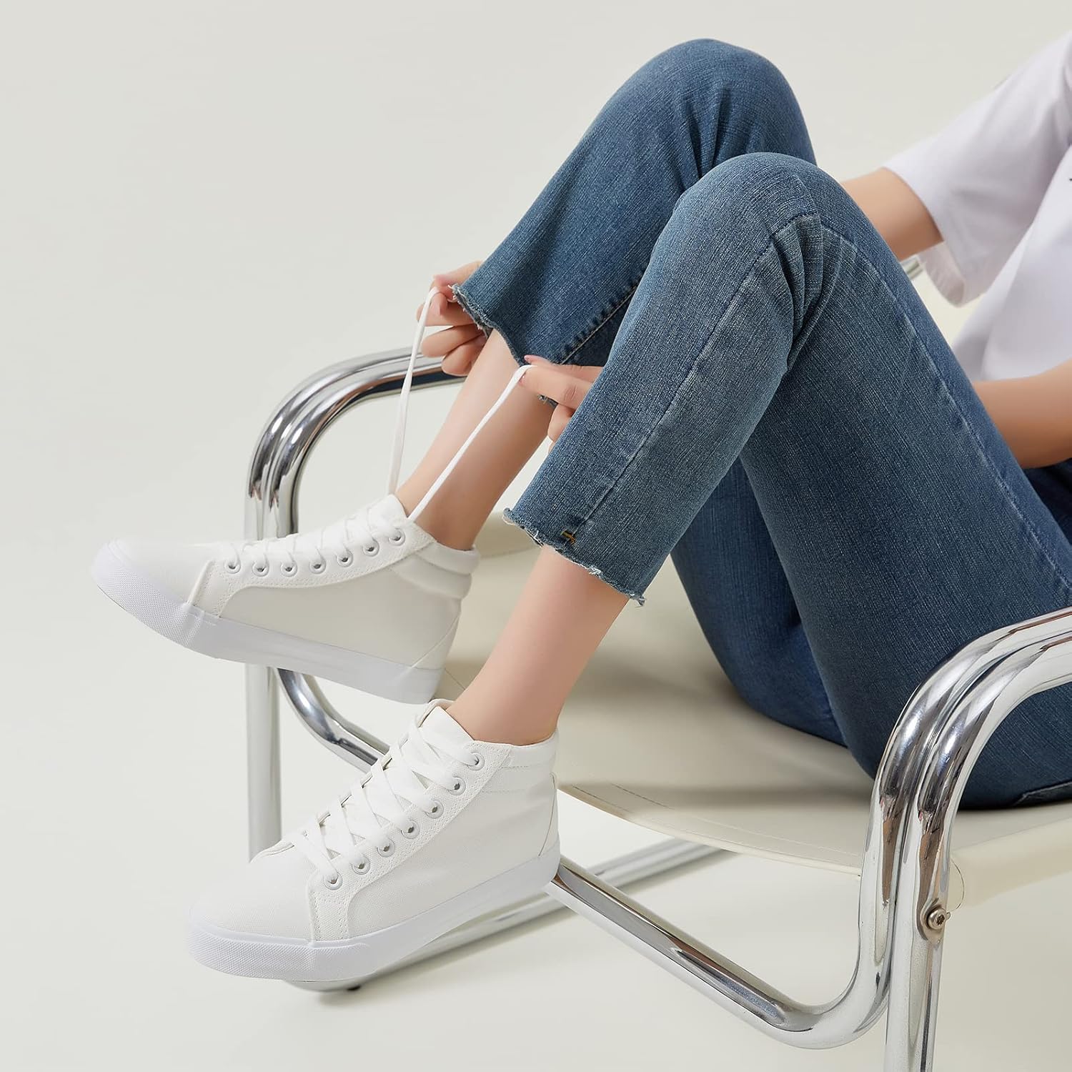 XRH Women Black Canvas High Tops Sneaker for Walking,White Non Slip Hi Top Lace up Shoes,Casual Fashion Mid Top Sneaker(Comfortable,Breathable,Trendy) - Image 7