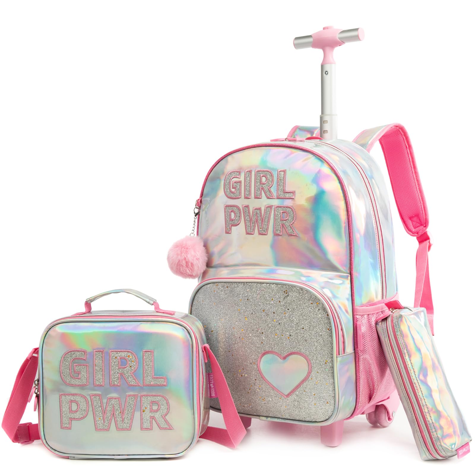 Kinder Rucksack mit Rollen für Mädchen die Schule Ledermaterial Koffer Schultrolley Komplett mit Lunchbag und Federmäppchen-Set Geeignet Grundschüler Jugendliche 5-12 Jahre Alt Rosa