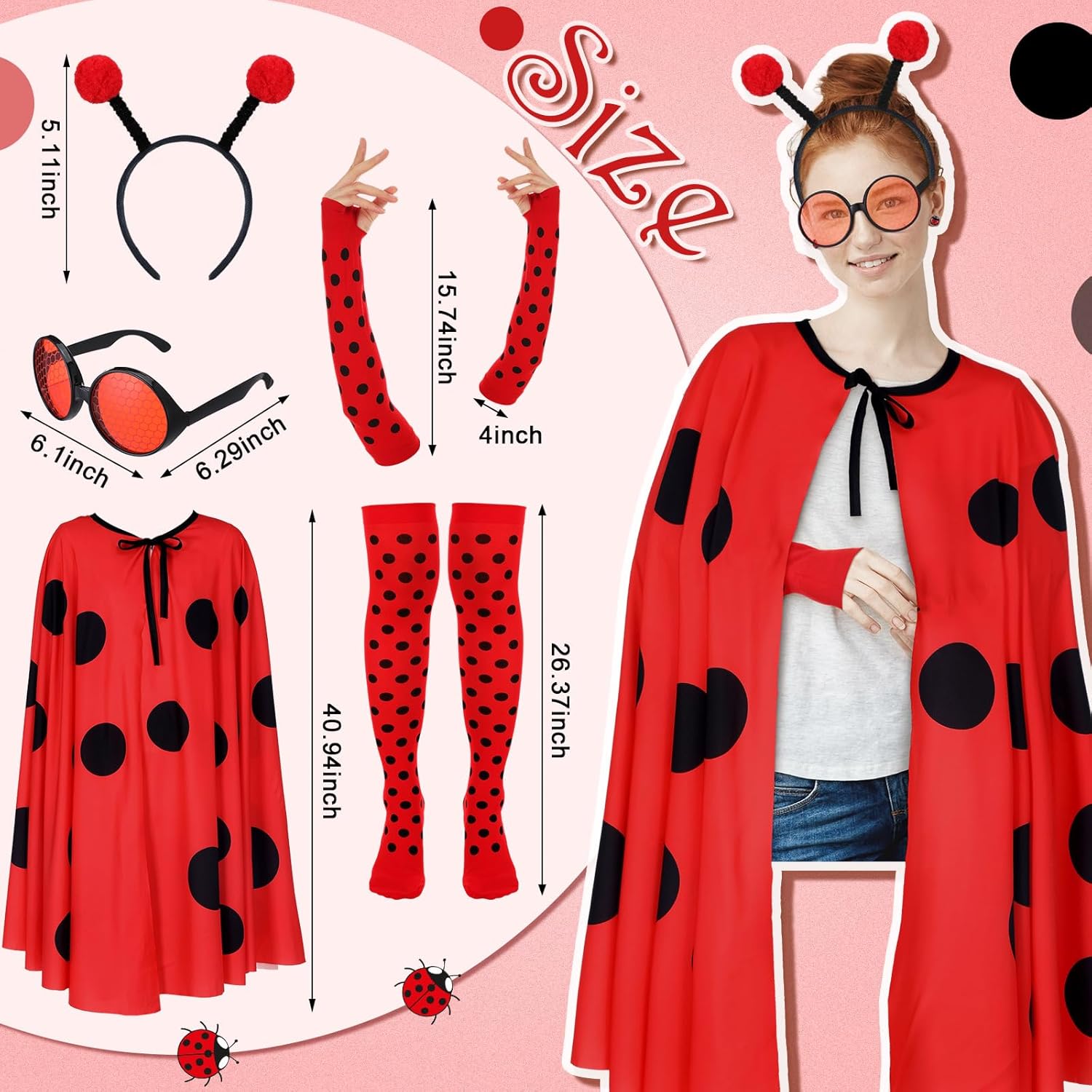 Berlune 5 Pcs Ladybug Costume Set for Women Adult Halloween Costume Accessories Ladybug Outfits Included Ladybird Cloak Antenna Headband Gloves Sunglasses Sock for Halloween Birthday Cosplay Party