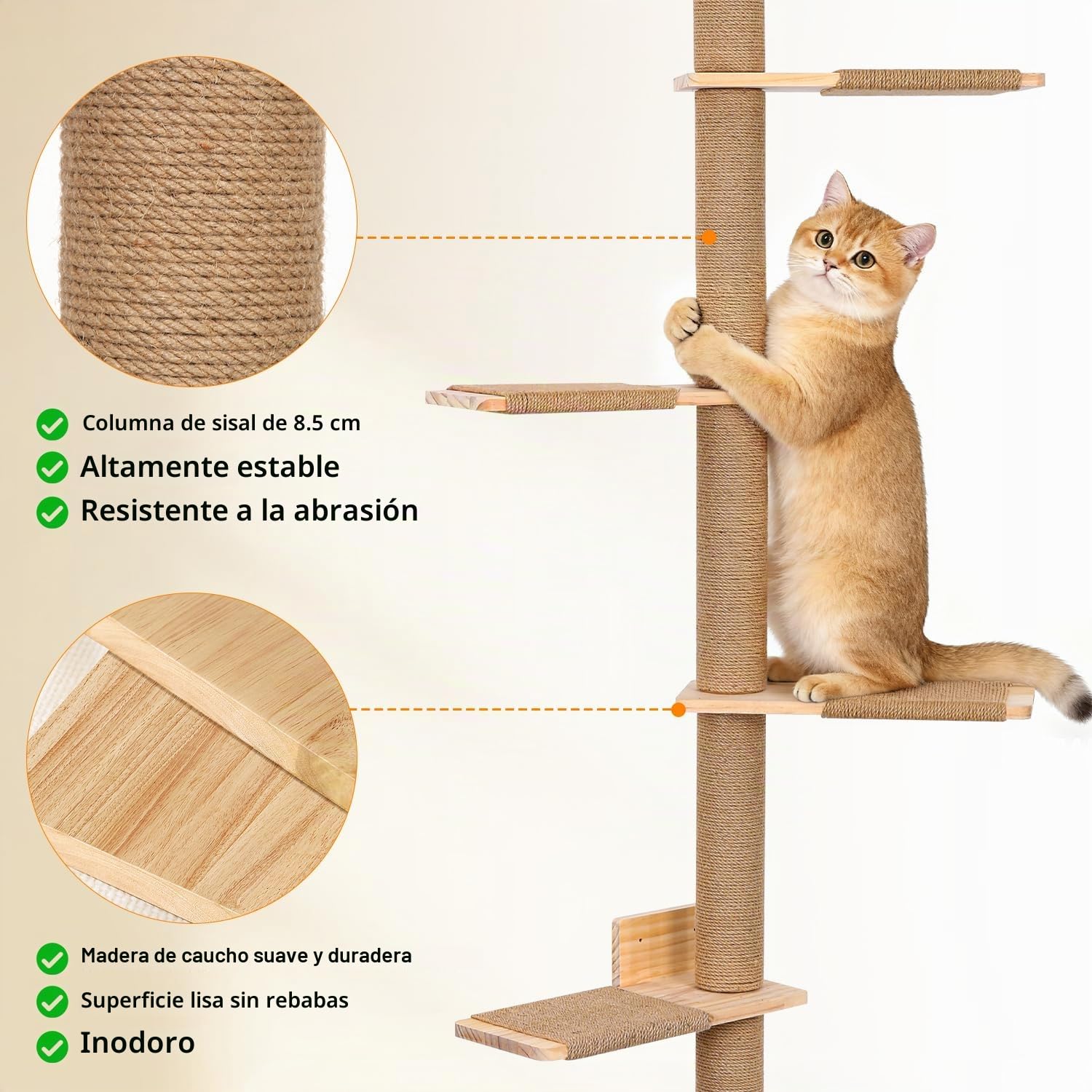 Rascador Grande de 205 cm, Pared de Escalar para Gatos, Ajustable en Altura, Torre para Gatos de 5 Niveles, árbol de Gatos montado en la Pared para Que los Gatos escalen y rasquen