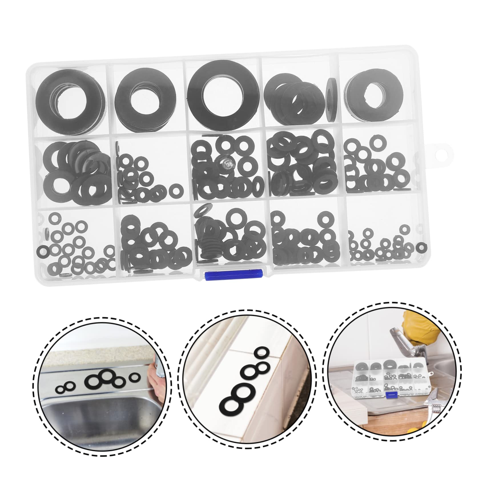 Guarnizioni Rubinetto 215pezzi in Plastico Nero, Rondelle Piatte e Beveled per Lavello Bagno e Cucina, Riparazione Perdite