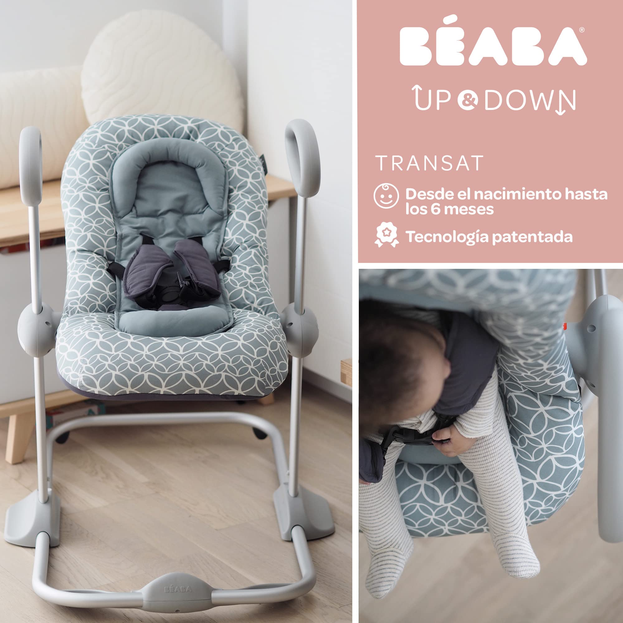 BÉABA Up & Down III, Hamaca para bebés y niños, Altura ajustable, Función balancín y 4 alturas diferentes, Unisex para niños, Ergonómica y segura, Verde (Hojas)