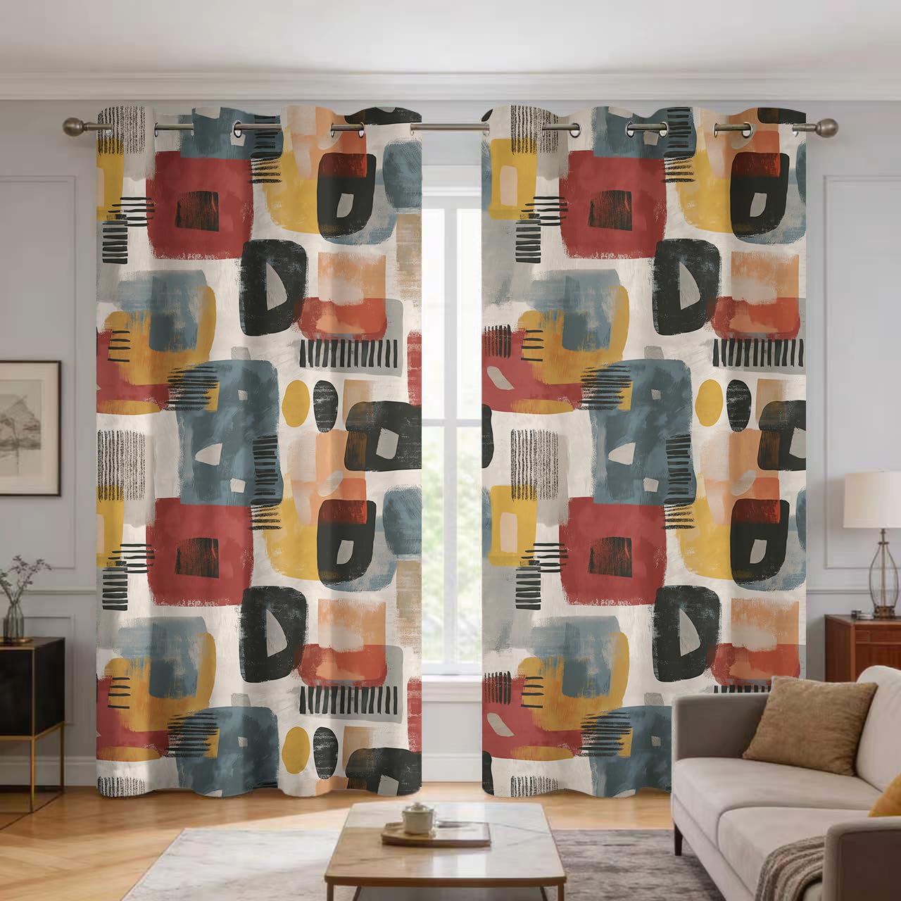 Rideaux occultants thermiques rétro mid century géométriques 2 panneaux 140x260 cm
