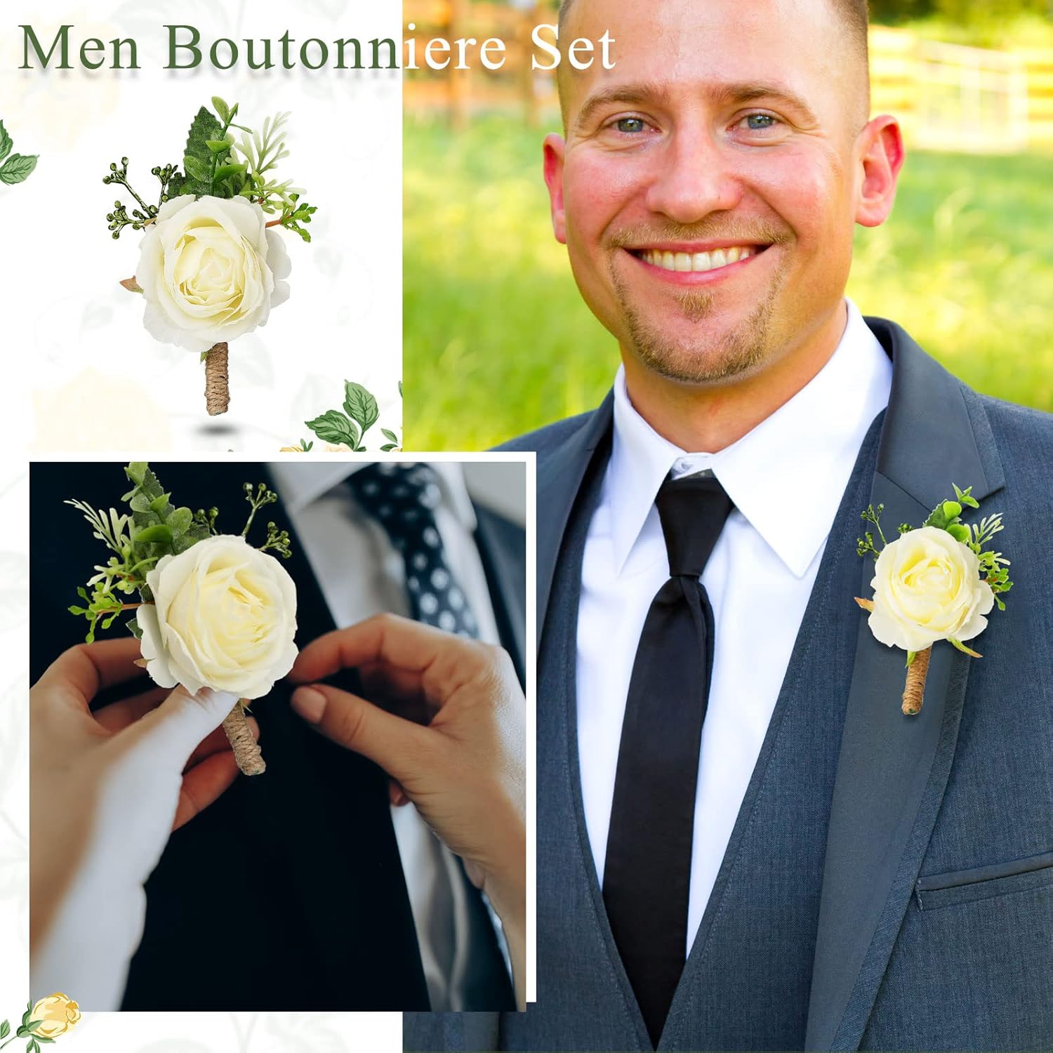 Sherr 60 Pcs White Rose Boutonniere for Men Wedding Corsage Rose Groom and Groomsmen Boutonniere with Artificial Flower for Rustic Vintage Wedding Ceremony Anniversary Dinner Prom Party