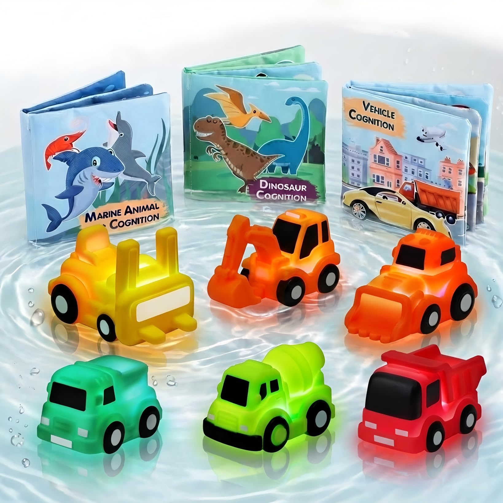 Light Up Bath Toys for Toddlers 3-5, Water-Activated Cars Toy, No Hole Bathtub Toys for Kids 36-48 Months, Sensory Toys for Tub Swimming Pool (6 Pack Construction Cars with Soft Cloth Books)