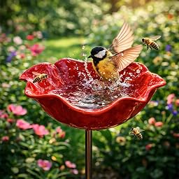 Paletto da Giardino in Metallo con Fiore per Uccelli, Stazione di Abbeveraggio per Api e Farfalle, Vaschetta per Uccelli a Forma di Fiore, Decorazione per Giardino Esterno (Rosso 1 pezzo)