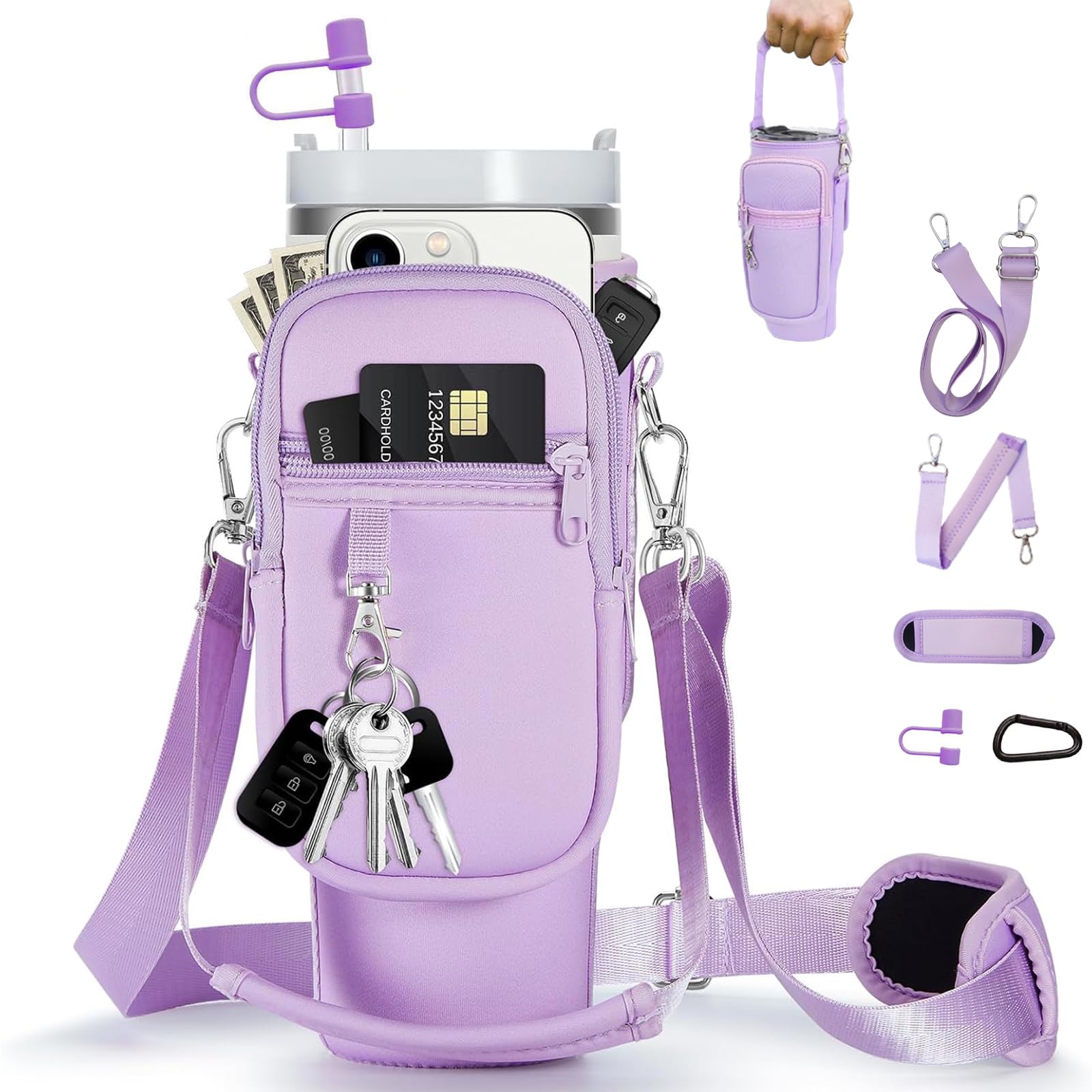 Water Bottle Holder with Strap for Stanley Cup 30oz 40oz Tumbler, Water Bottle Carrier Bag Stanley Cup Accessories with Phone Pocket, Carabiner, Hand Strap, Straw Cover - 40oz - Upgrade Purple