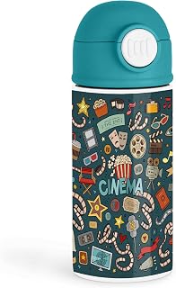 Funny Movie Buff 12oz Kids Green Bottle – Colorful cinema-themed illustrations with popcorn and film reels – Movie Night, School Lunch