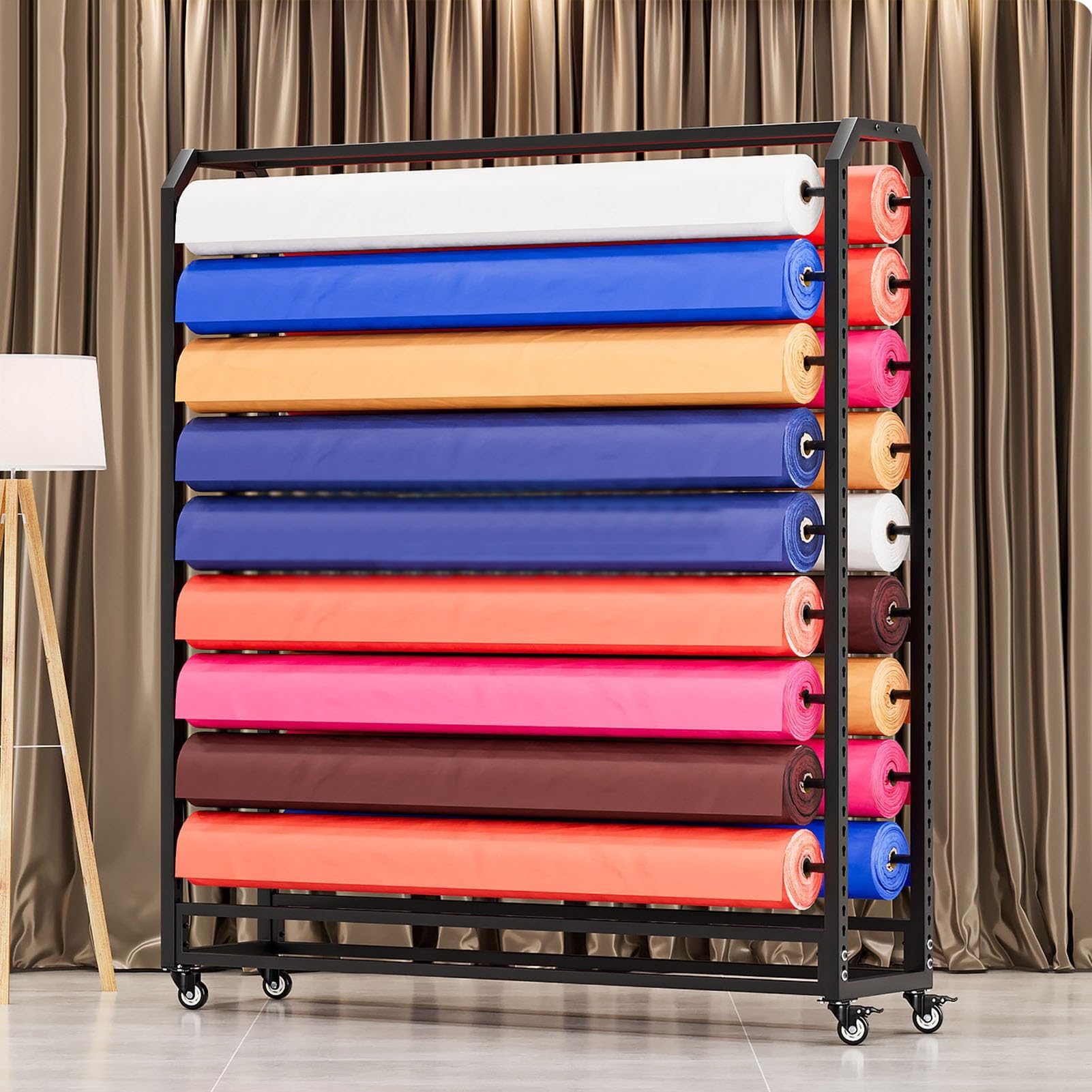 Estante de Almacenamiento de Rollos de Tela de Gran tamaño y Resistente con Barra para Colgar Ajustable - Soporte Organizador Comercial de Acero con Ruedas para exhibiciones de Vinilo, Cuero