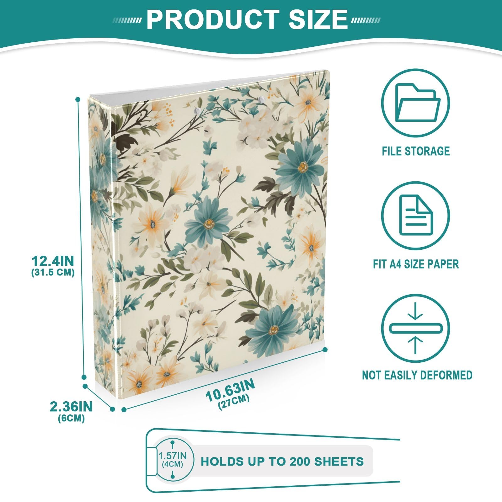 Raccoglitore a 3 anelli con motivo floreale primaverile, senza cuciture, 3,8 cm, contiene 200 fogli, raccoglitori a 3 anelli con clip in metallo antiscivolo