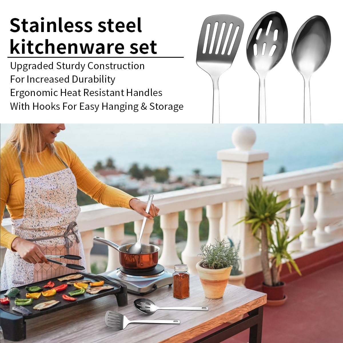 Evanda Essentiels de Camping 10 pièces en Acier Inoxydable, pour la Cuisine extérieure et Les grillades, Parfait pour Le Voyage, Le Camping, Les véhicules récréatifs, Les barbecues