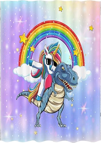 Cortina de ducha de dinosaurio con diseño de unicornio para viajes, remolque, baño, divertido juego de cortinas de ducha de tela estrecha y corta