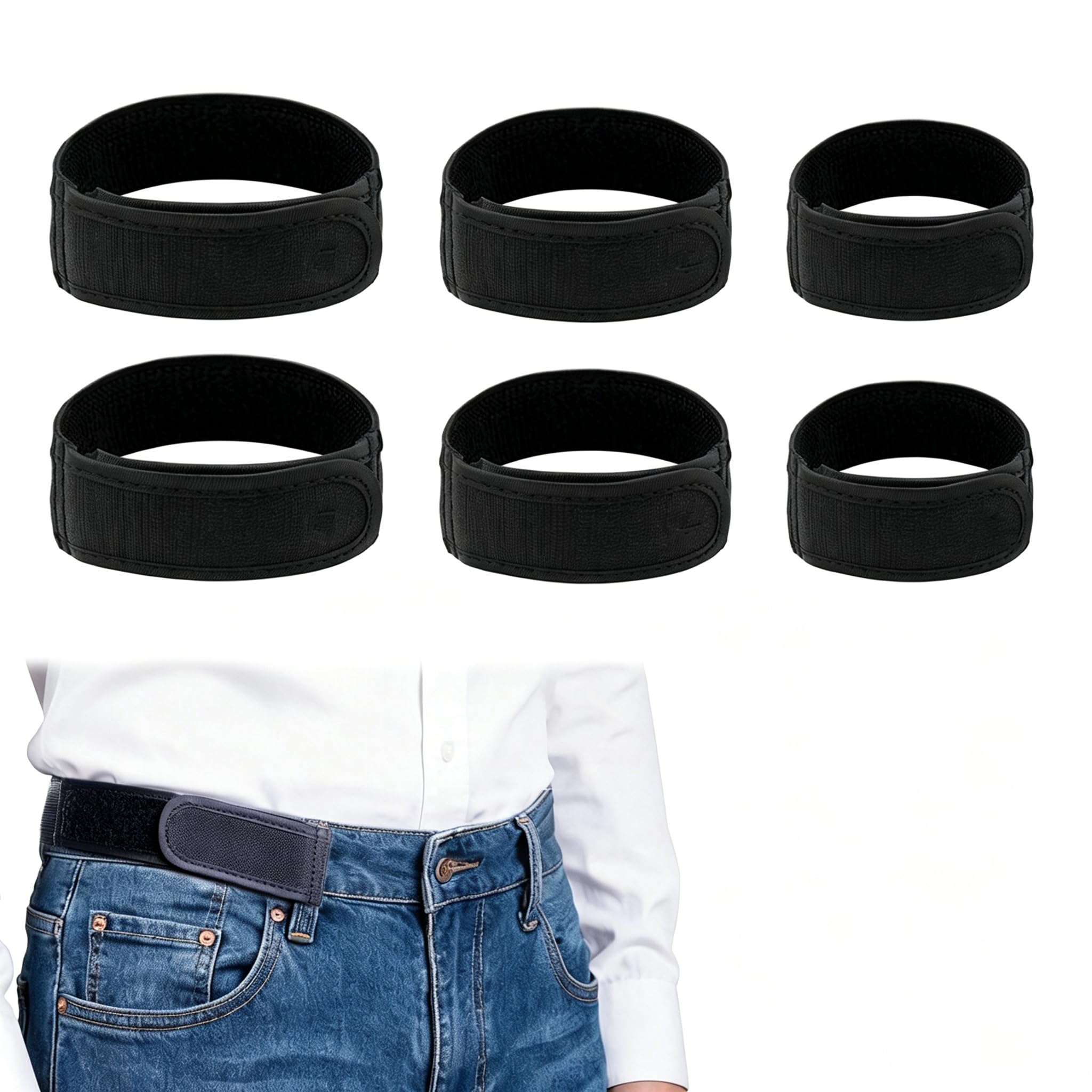 Chersun Unisex Black 6 Pack No Buckle Belt For Men & Women, S/M/L Elastic Invisible Waist Belt, Adjustable Nylon Stretch Belt No Show Waist Tightener For Jeans Trousers