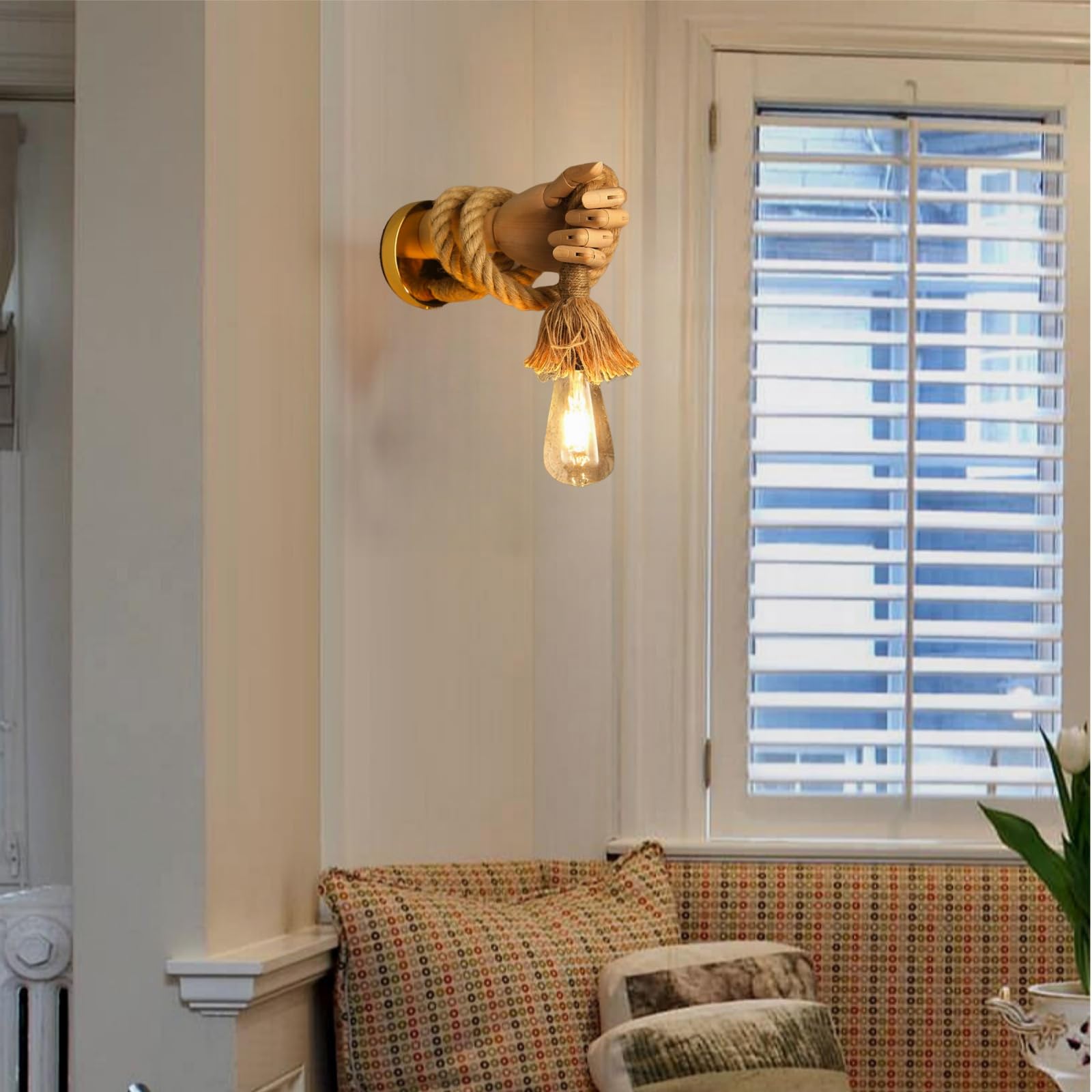 Aplique de Pared de Madera, Lámpara Iluminación en Forma de Mano, E27 Rústico Lampara de Pared Cuerda de Cáñamo para Dormitorio,Salón,Pasillo (Mano Izquierda)