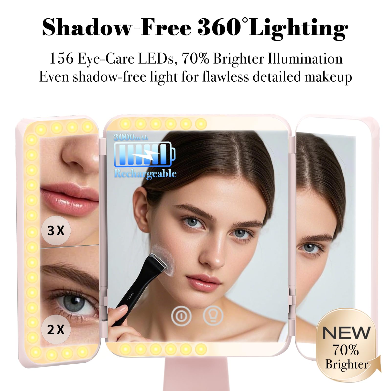 SIMETRA Rechargeable Lighted Trifold Makeup Mirror with Magnification