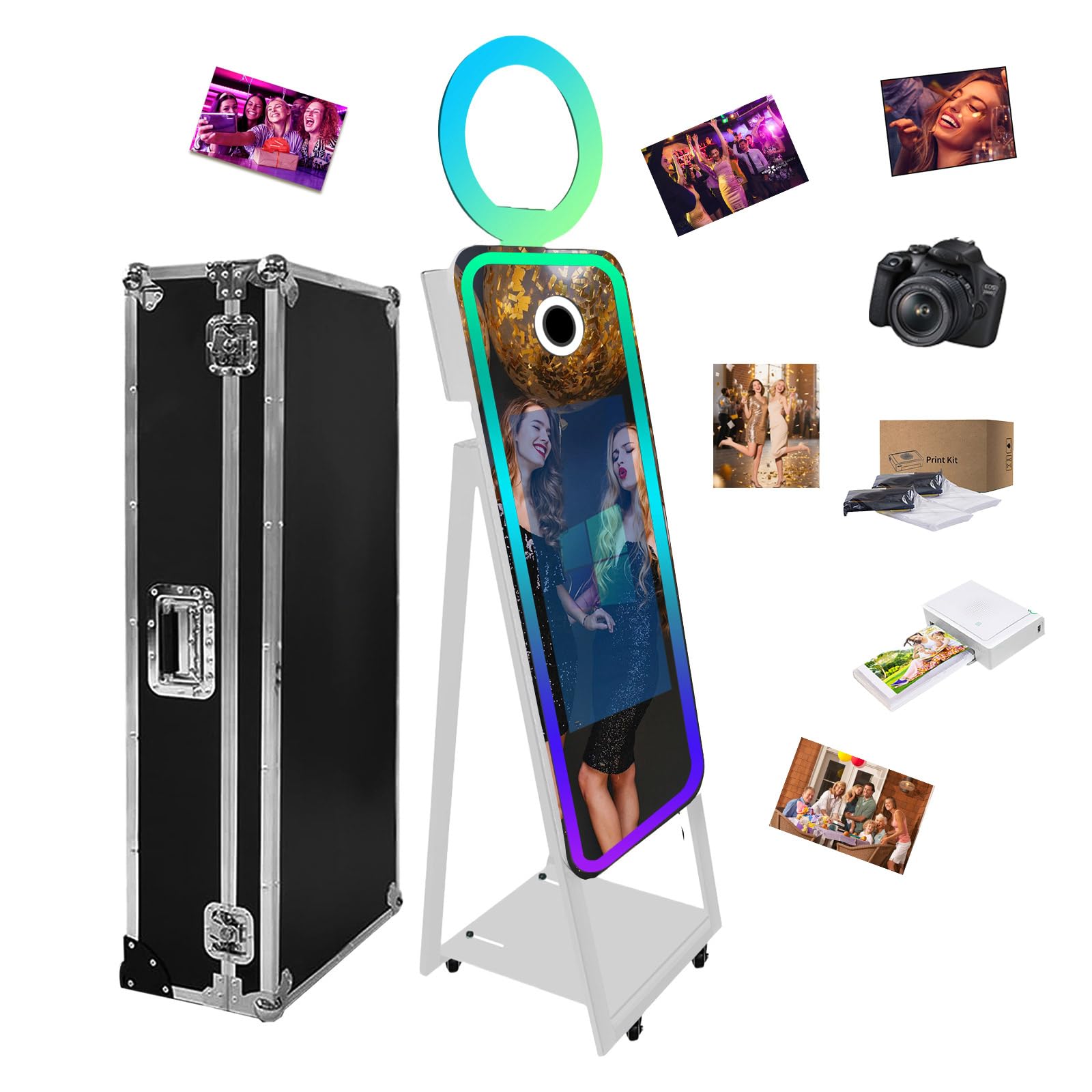 Magic Mirror Photo Booth,21.5in Touch Screen Mirror Photo Booth with Printer Selfie Photo Booth Mirror with Ring Light,40in Camera Mirror Photobooth for Party (White, 40 inch+Camera+Mini Printer)