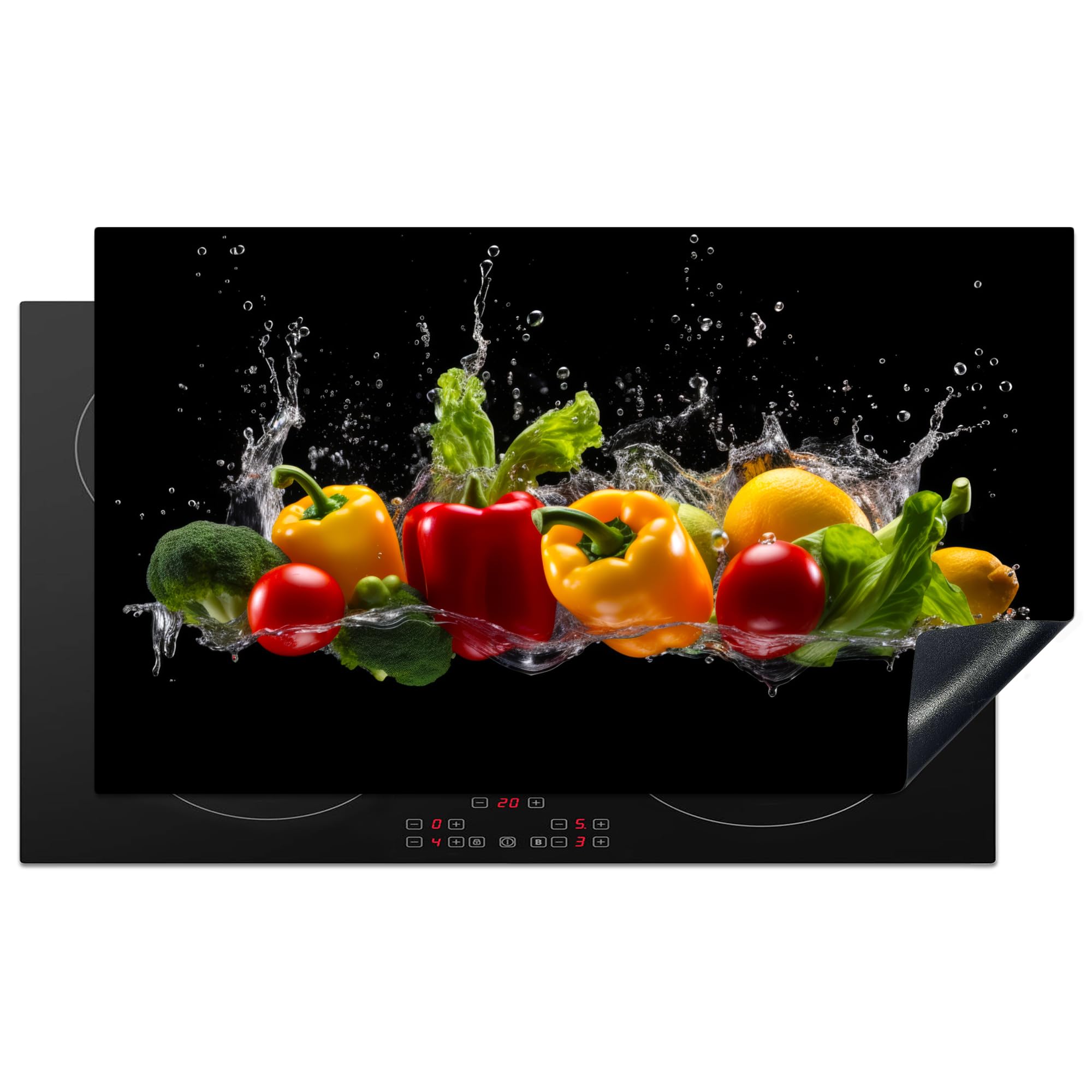 KitchenYeah© Induction Hob Protector Mat 20.8"x36" / 91.6x52.7 cm Cooker Top Protectors Cover Ceramic Covers Electric Hobs Vinyl Sweet Pepper - Water - Vegetable - Black