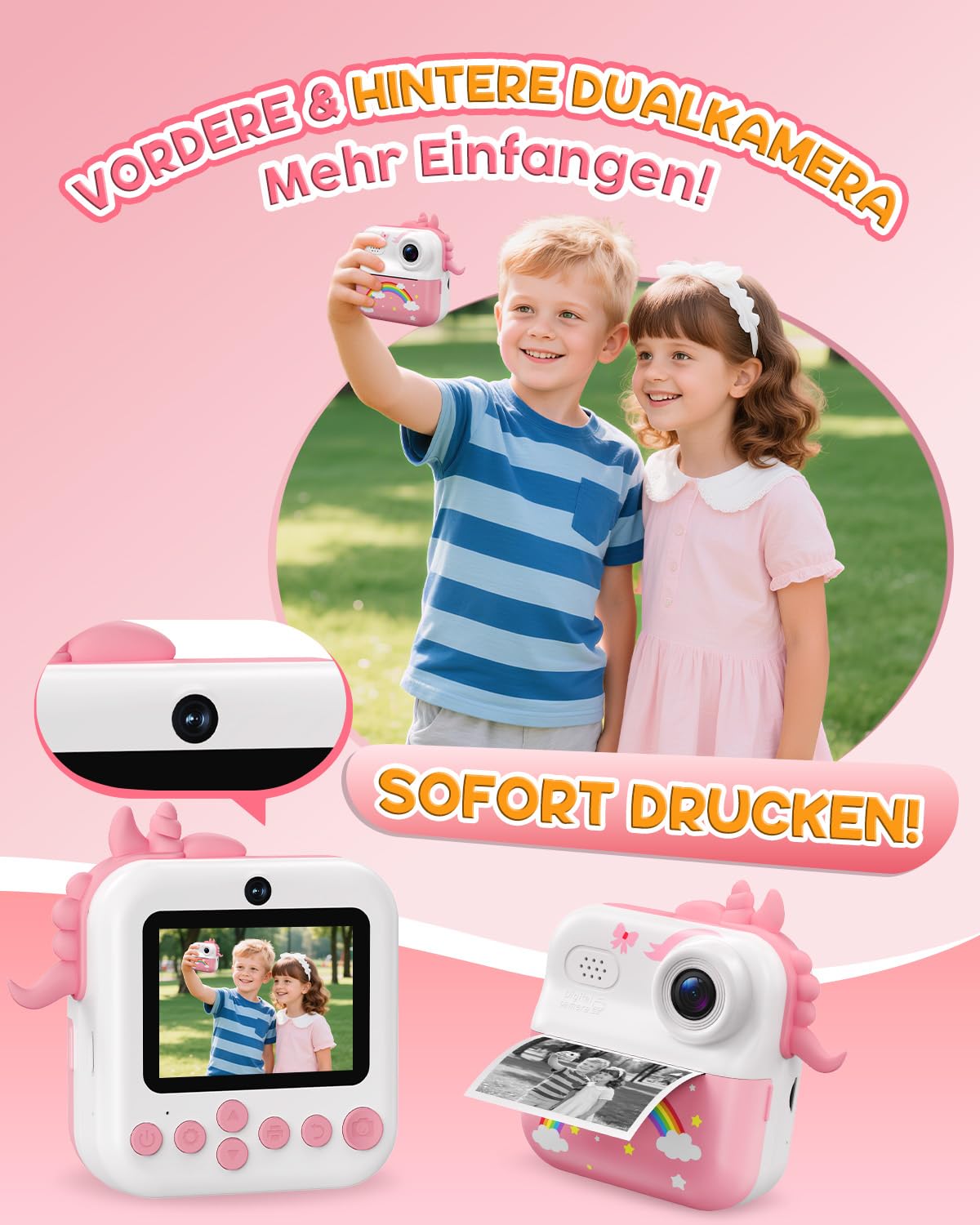 ElecMoga Sofortbildkamera Kinder, 48MP Kinderkamera 1080P HD 2,4 Zoll Bildschirm Digitalkamera mit 32GB Karte & DruckerPapier, Kinder Spielzeug Geburtstag Weihnachten Geschenk für 3-12 Jahren Mädchen