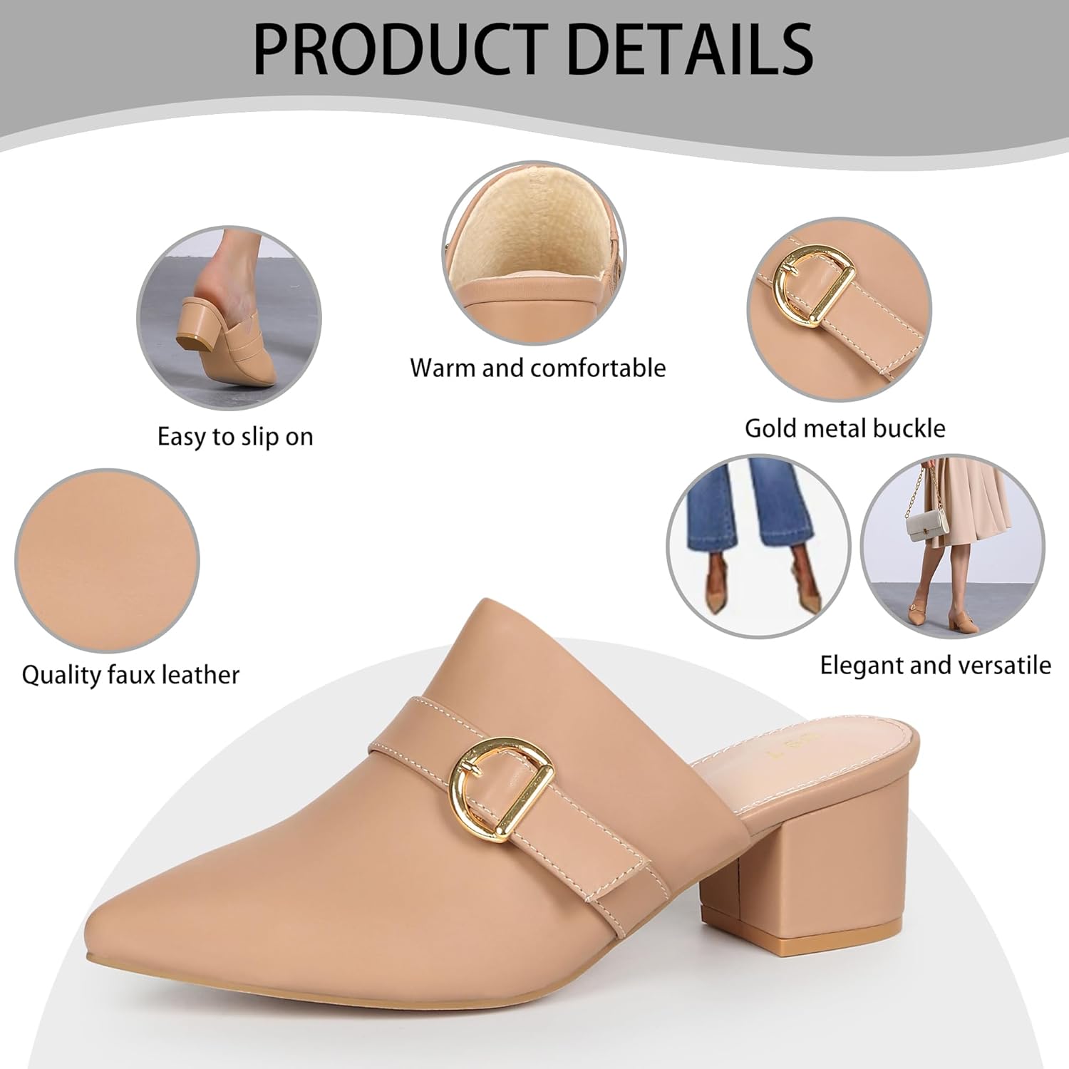 Perphy Pointed Toe Slip on Chunky Heel Mules for Women