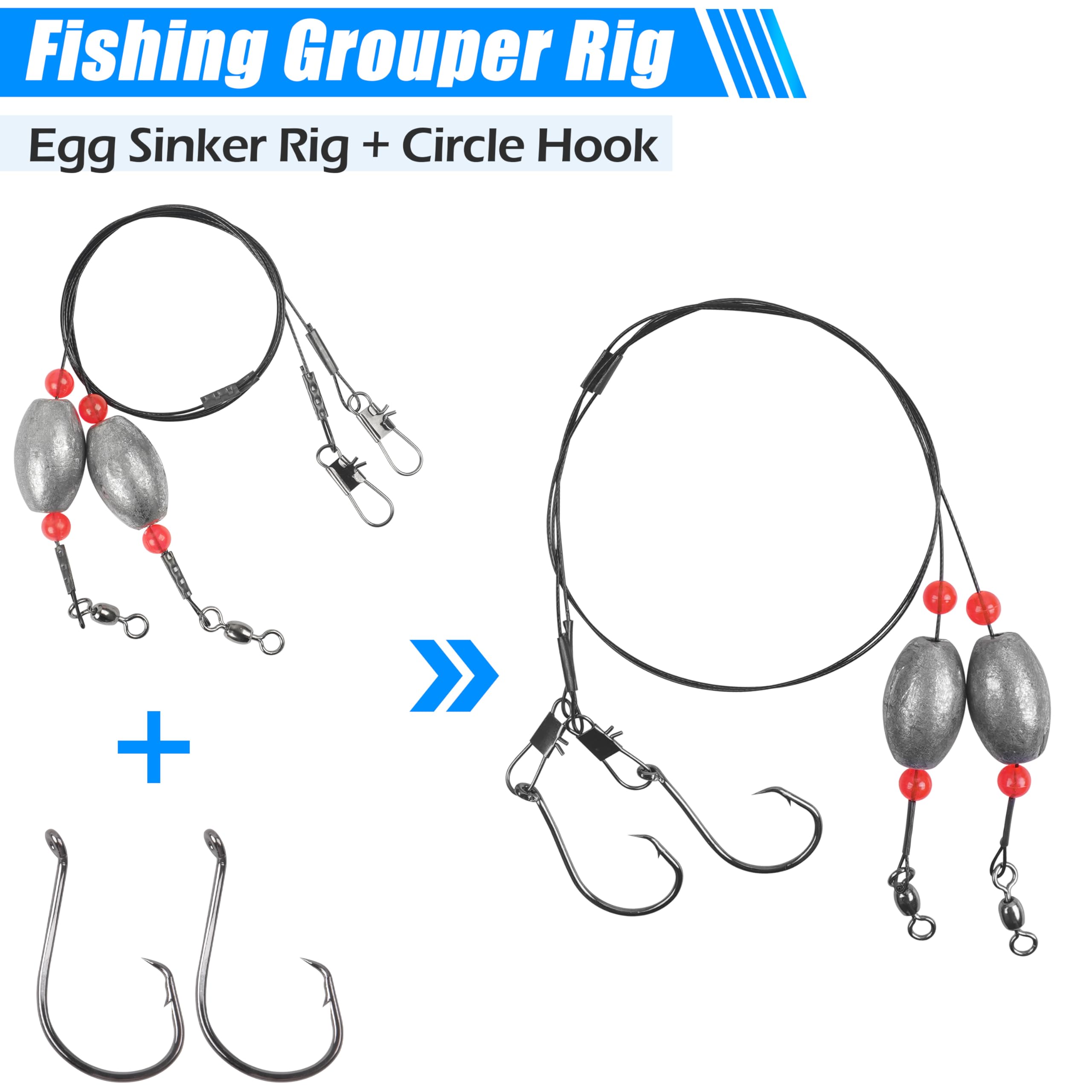 Fishing Egg Rigs Weighted Grouper Rig with Circle Hook Carolina Rig Saltwater Surf Fishing Rigs Bottom Rig Flounder Catfish Rig with Egg Sinkers Circle Hooks Ready Rigs 2oz Rig Kit