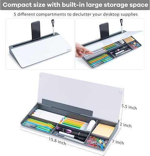 Miniatura 3 de Pizarra blanca de vidrio de escritorio con base gris y base negra, organizador de escritorio Varhomax y almohadilla de notas de escritorio para
