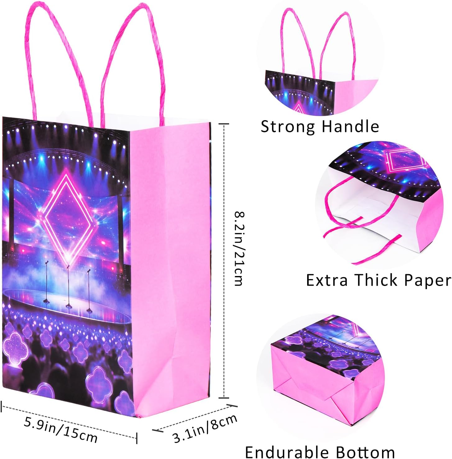 Kauai Sun KPop Korean Style Party Gift Bags with Handles, 16 Packs, 4 Designs, Purple Pink Magical Idol Concert Stage Paper Goodie Bags for Birthday Party Favors & Treats (8” x 6”) image 2