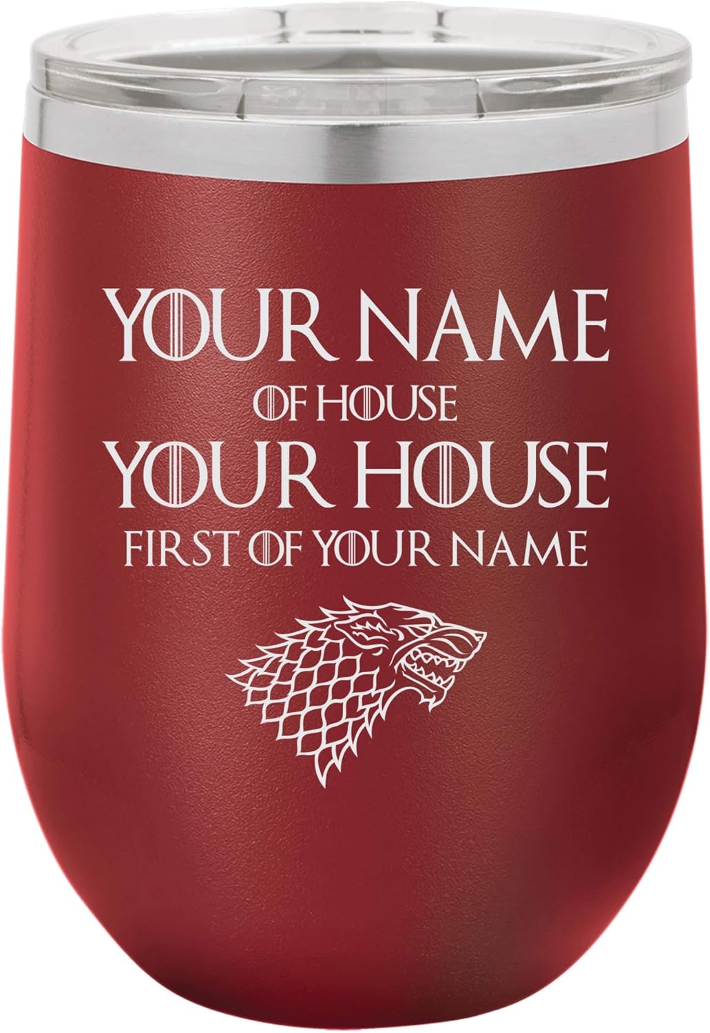 [Personalized] "Your Name of House Your House, First of Your Name" GoT Inpired Design Engraved Insulated Stainless Steel Wine Tumbler, 12 Oz., Fuchsia