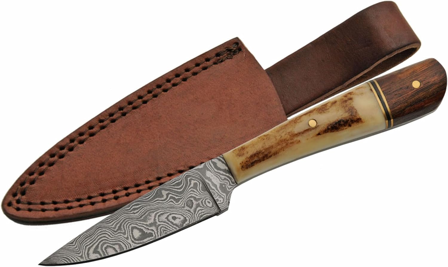 SANZ Damascus Hunting Knife 7 Inch - Sidearm Bowie Knife with Stag & Wood Handle, Full Tang Blade & Sheath - Pocket Knife for Hunting, Camping & Outdoor uses