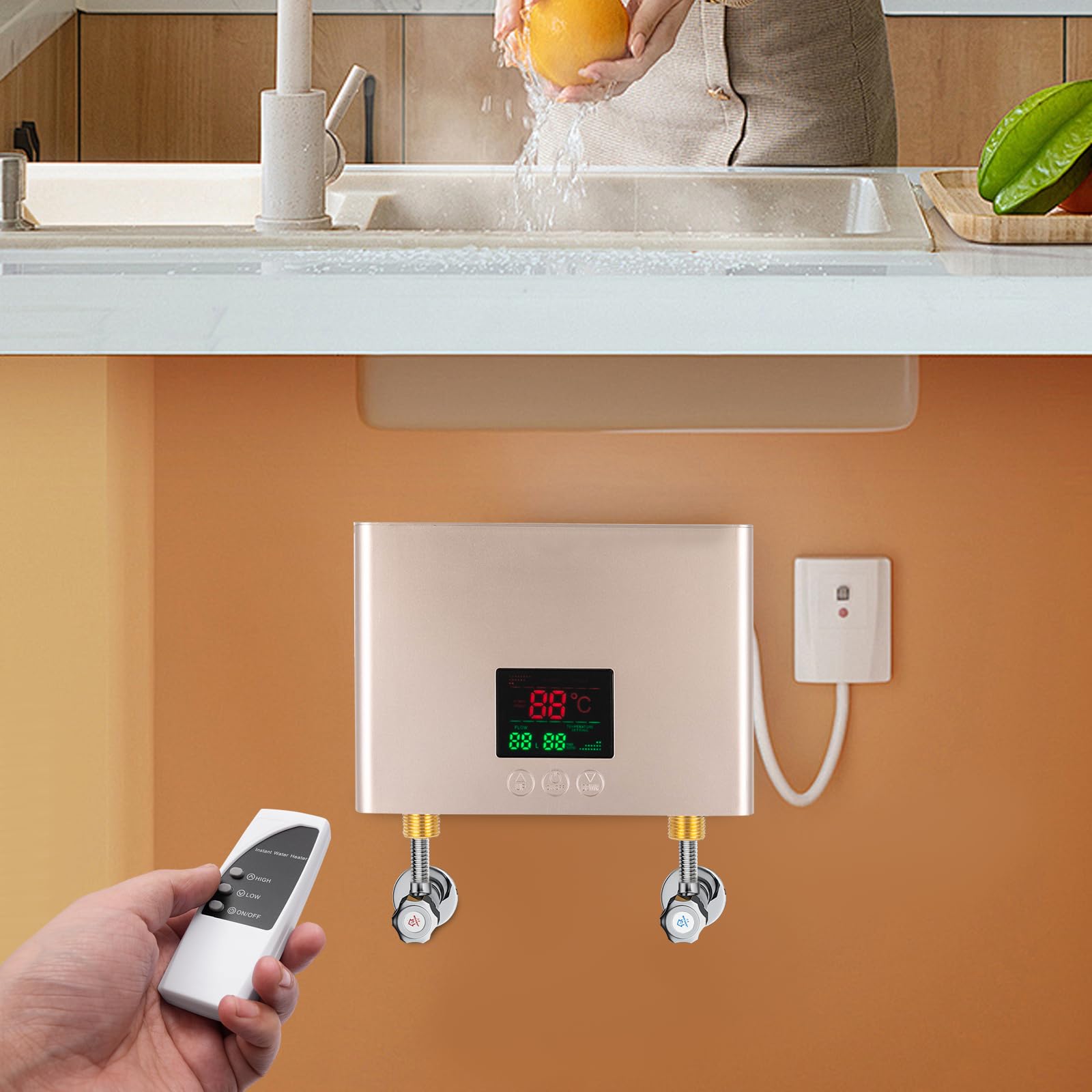 Podgrzewacz przepływowy 3000 W z wyświetlaczem LED 86-131°F, ścienny podgrzewacz przepływowy 3 sekundy, pilot zdalnego sterowania i funkcja pamięci, montaż 360°, do łazienki, przyczepy kempingowej