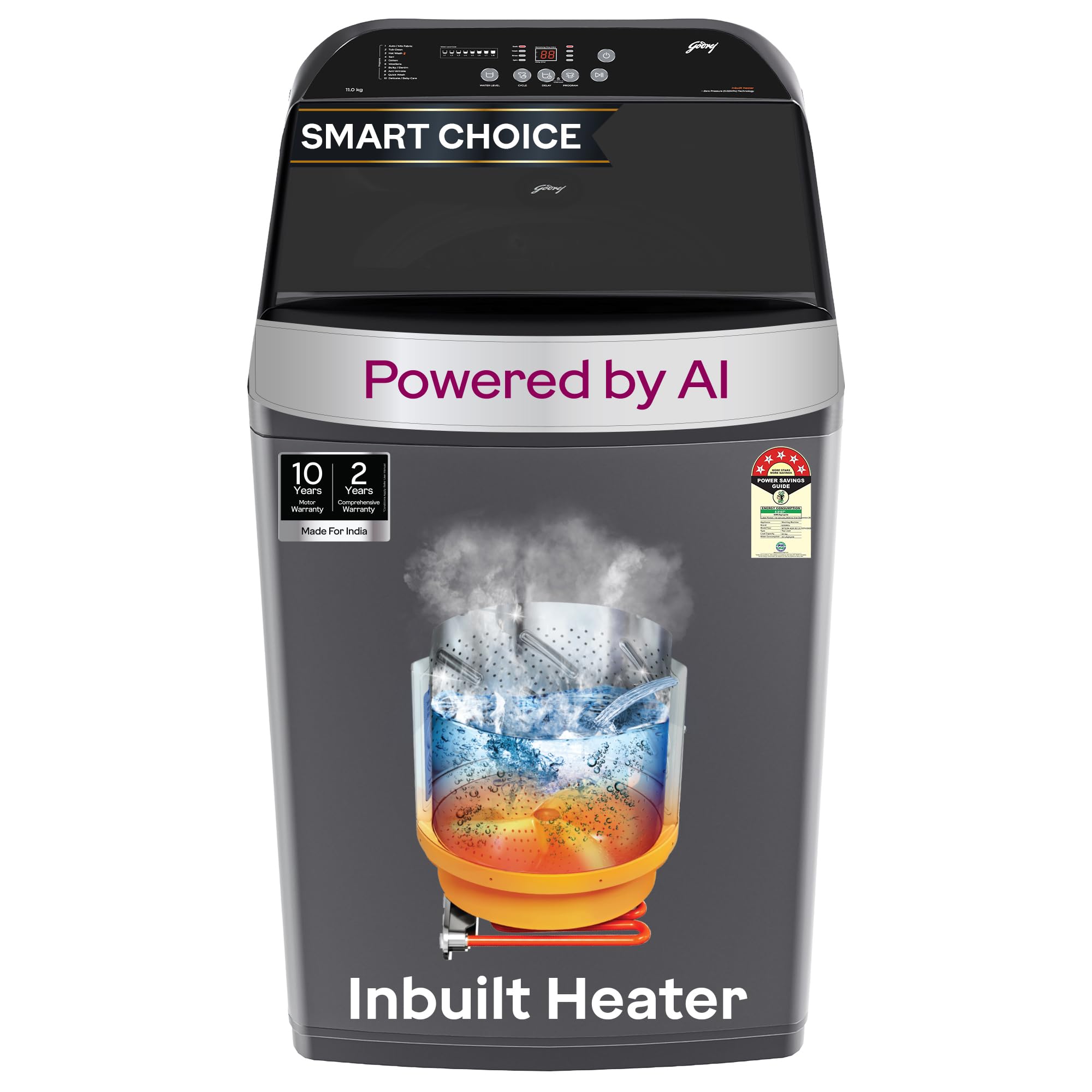 Godrej 10 Kg 5 Star Inbuilt Heater, Zero Pressure (0.02 MPa) Technology, Steel Drum Fully-Automatic Top Load Washing Machine (WTEON ADA 10 5.0 FEFH GLGR, Glacial Grey, With Soft Close Lid)