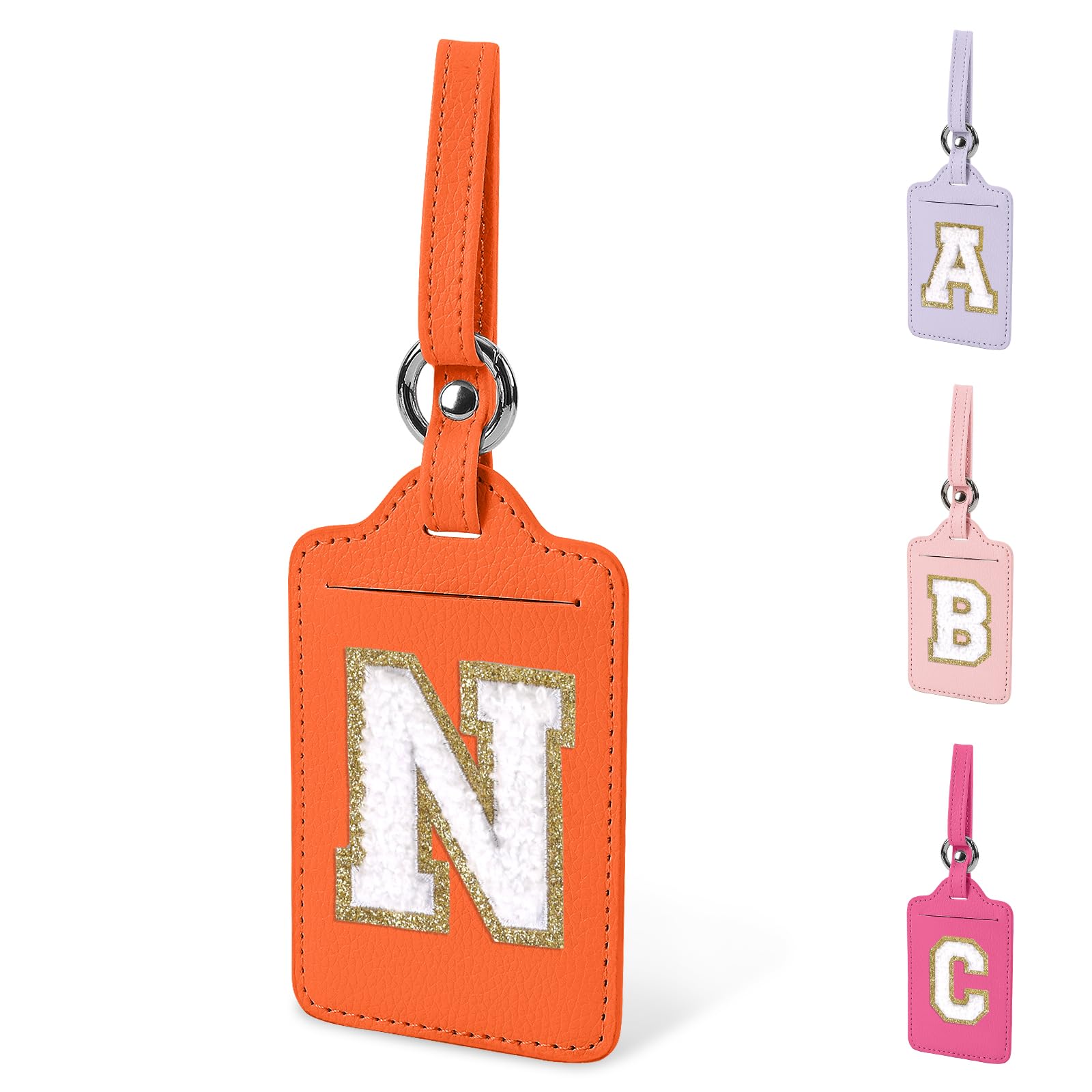 Initial Luggage Tag N for Suitcases TSA Approved, PU Leather Personalized Letter Luggage Tags with Privacy Cover Name Card, Orange Cute Embroidered