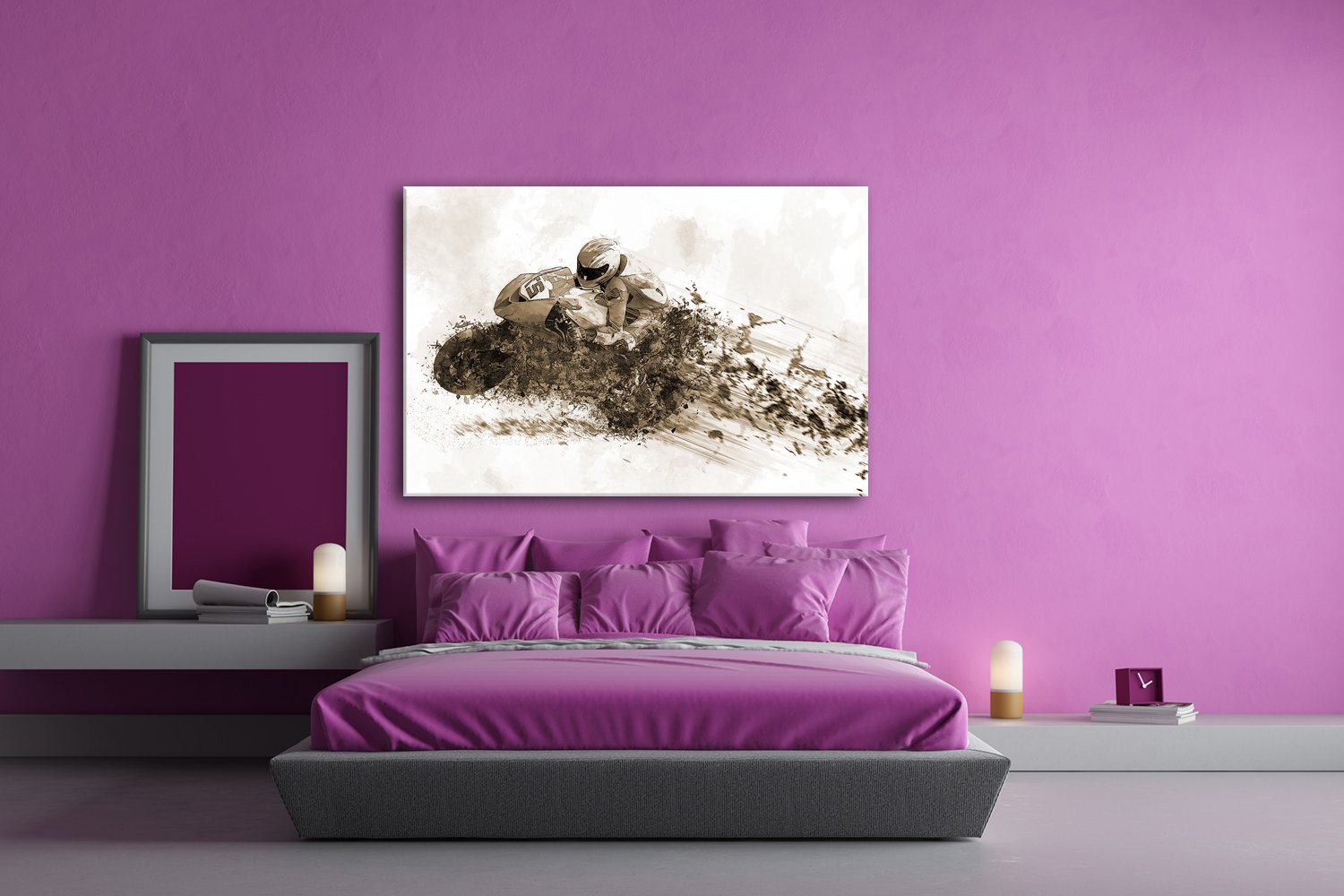 deyoli - Stampa su tela, motivo: moto da corsa, dimensioni: 100 x 70 cm, effetto seppia su telaio in vero legno, stampa digitale di alta qualità con telaio, non poster o poster
