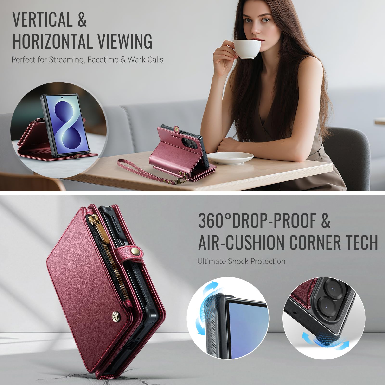 Defencase Funda tipo cartera para Galaxy Z Fold 8 compatible con Magsafe | Funda magnética desmontable para tarjetas RFID Bolcking con cremallera, piel sintética, a prueba de caídas para Samsung