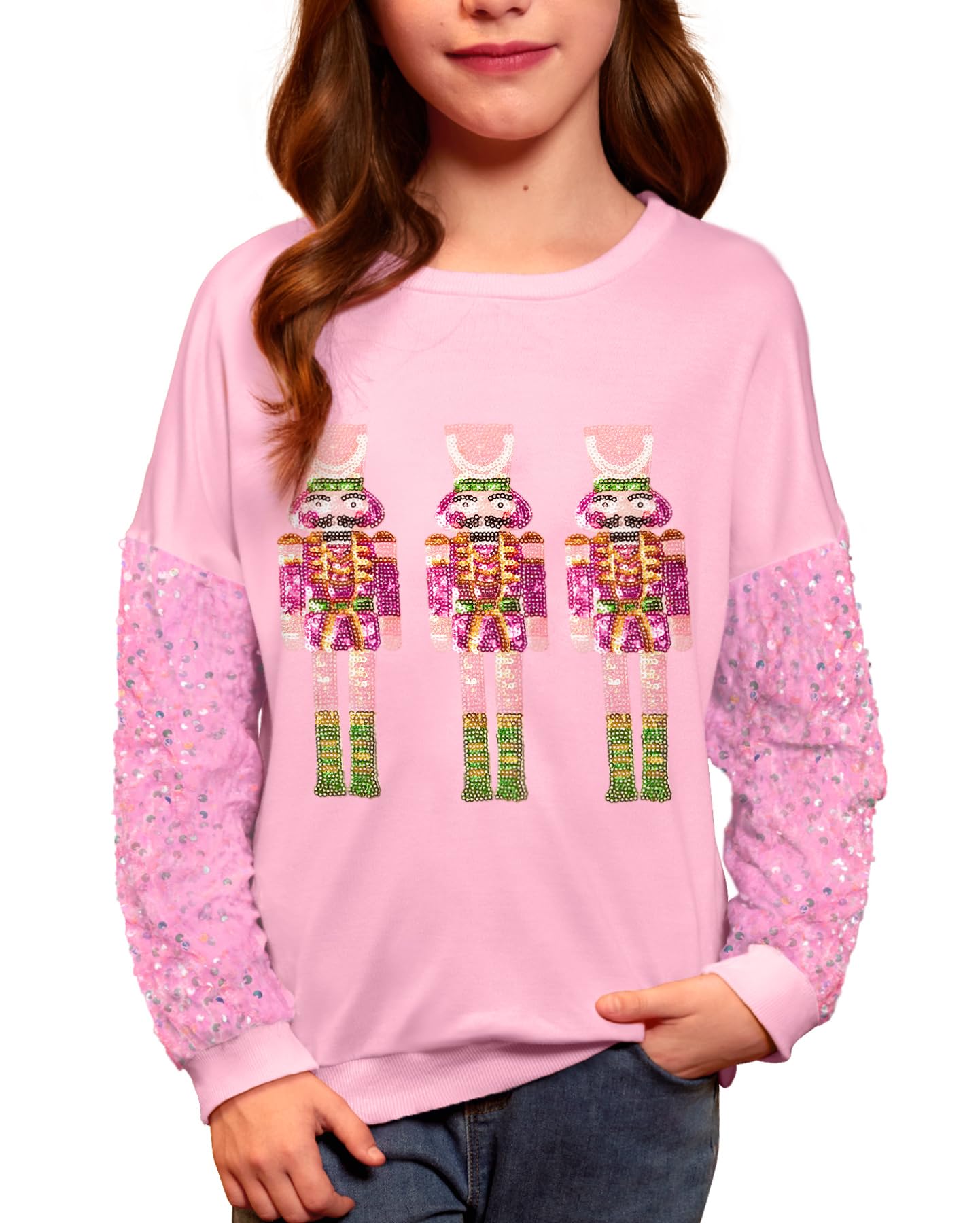 Girls Christmas Sequin Patchwork Sweatshirt Holiday Funny Shirt 6-14 Years