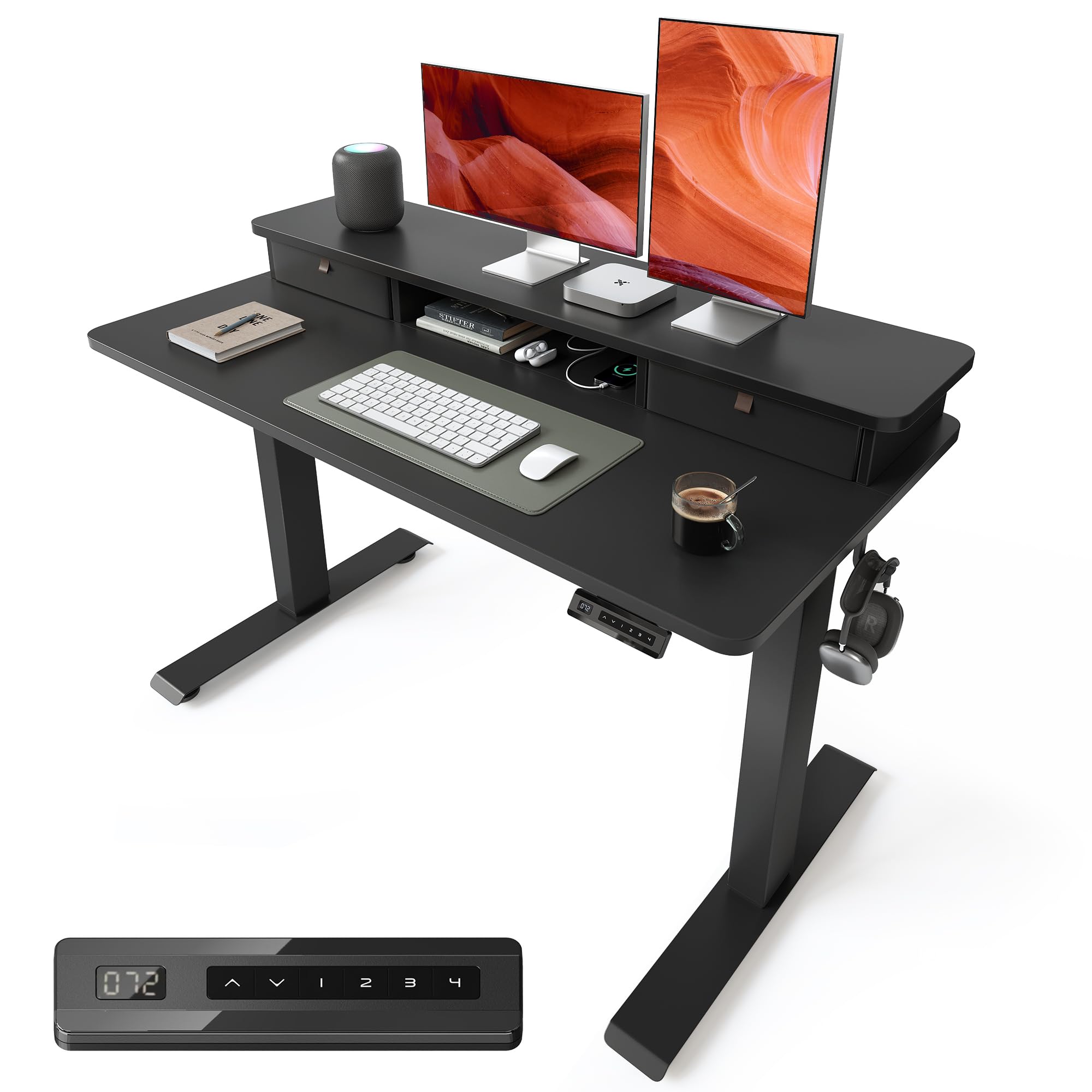 BANTI 48x24 Inch Electric Height Adjustable Standing Desk, Home Office Computer Desk with Double Storage Drawers, 4 Adjustable Feet & 2 Hooks, Black