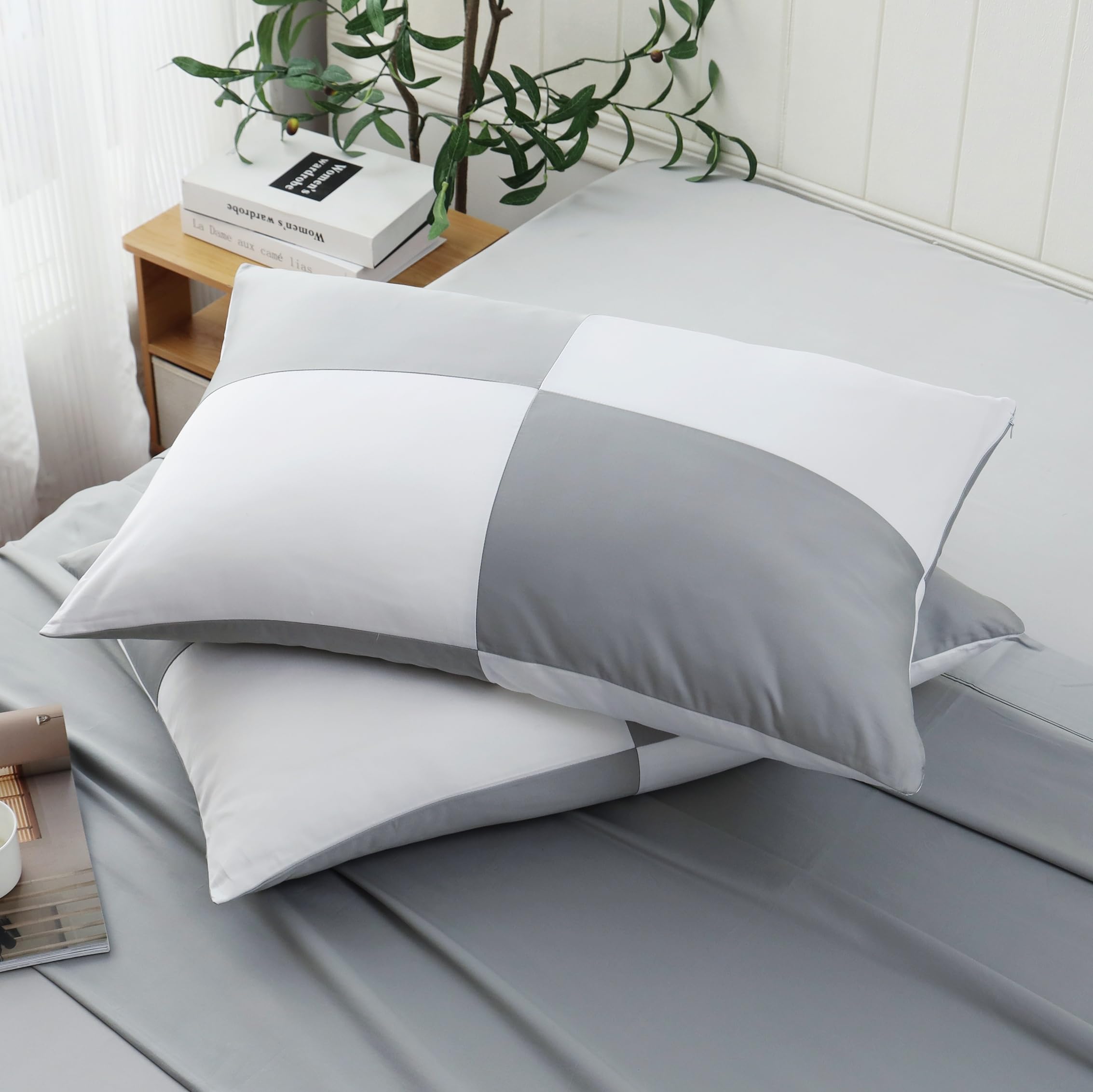 Two-Tone Pillow Cases Standard Size 600 TC 100 Cotton Color-Block Pillowcases Set of 2 Breathable Soft Contrast Color