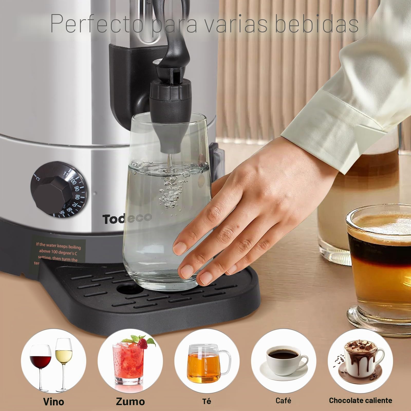 Todeco Hervidor para Vino Caliente 9,3 L, Dispensador Bebidas Calientes | 1500 W, termostato 30–110 °C, grifo y bandeja antigoteo, acero inoxidable, ideal para café, té y vino caliente