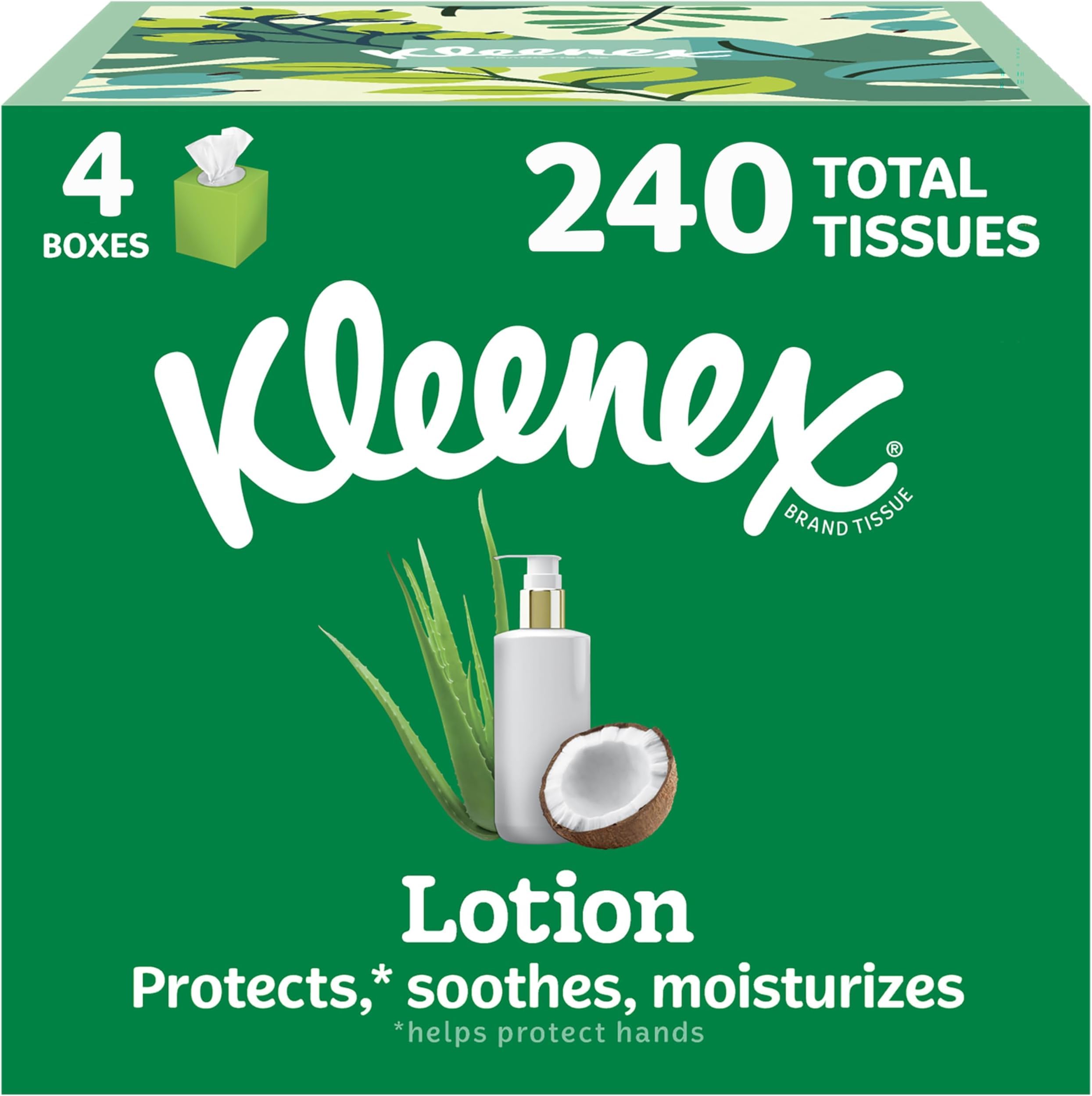 Kleenex Lotion Facial Tissues with Coconut Oil, 4 Cube Boxes, 60 Tissues Per Box, 3-Ply (Pack of 8)