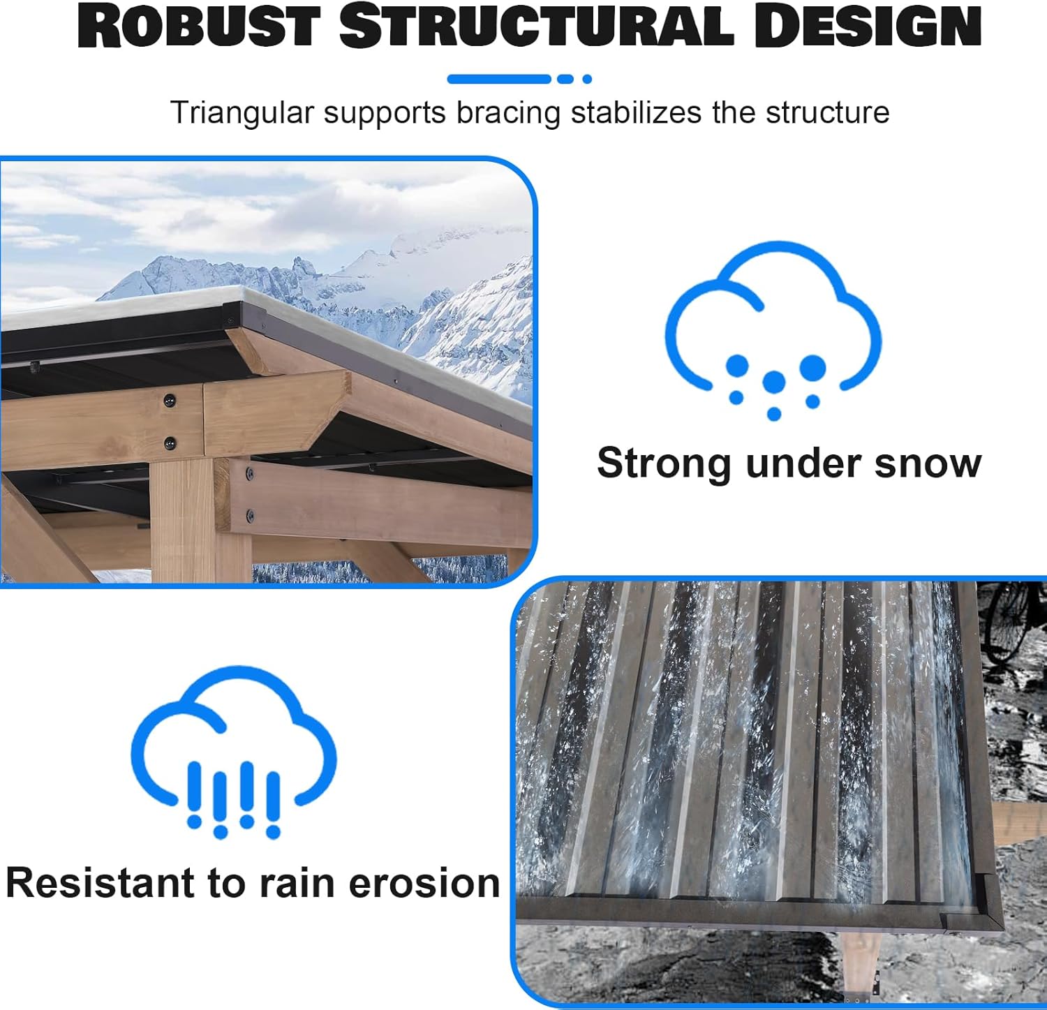 Images illustrating the robust structural design of the gazebo, showing its resistance to snow and rain erosion.