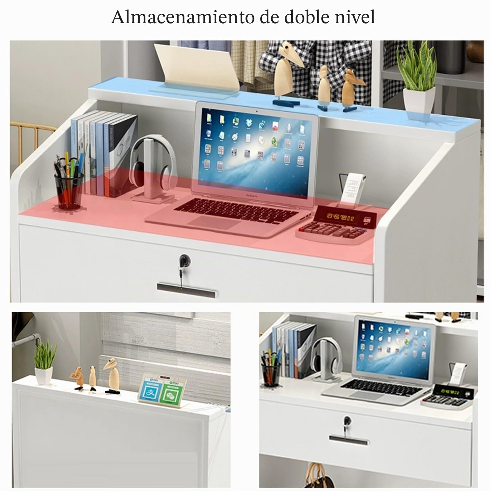 Mueble recepción, Mostrador de recepción, Mostrador de Tienda, Mostrador de Venta, Mueble de recepción, Cajones y Armario con Cerradura, para Clinica Salon, MDF, 60×40×92cm