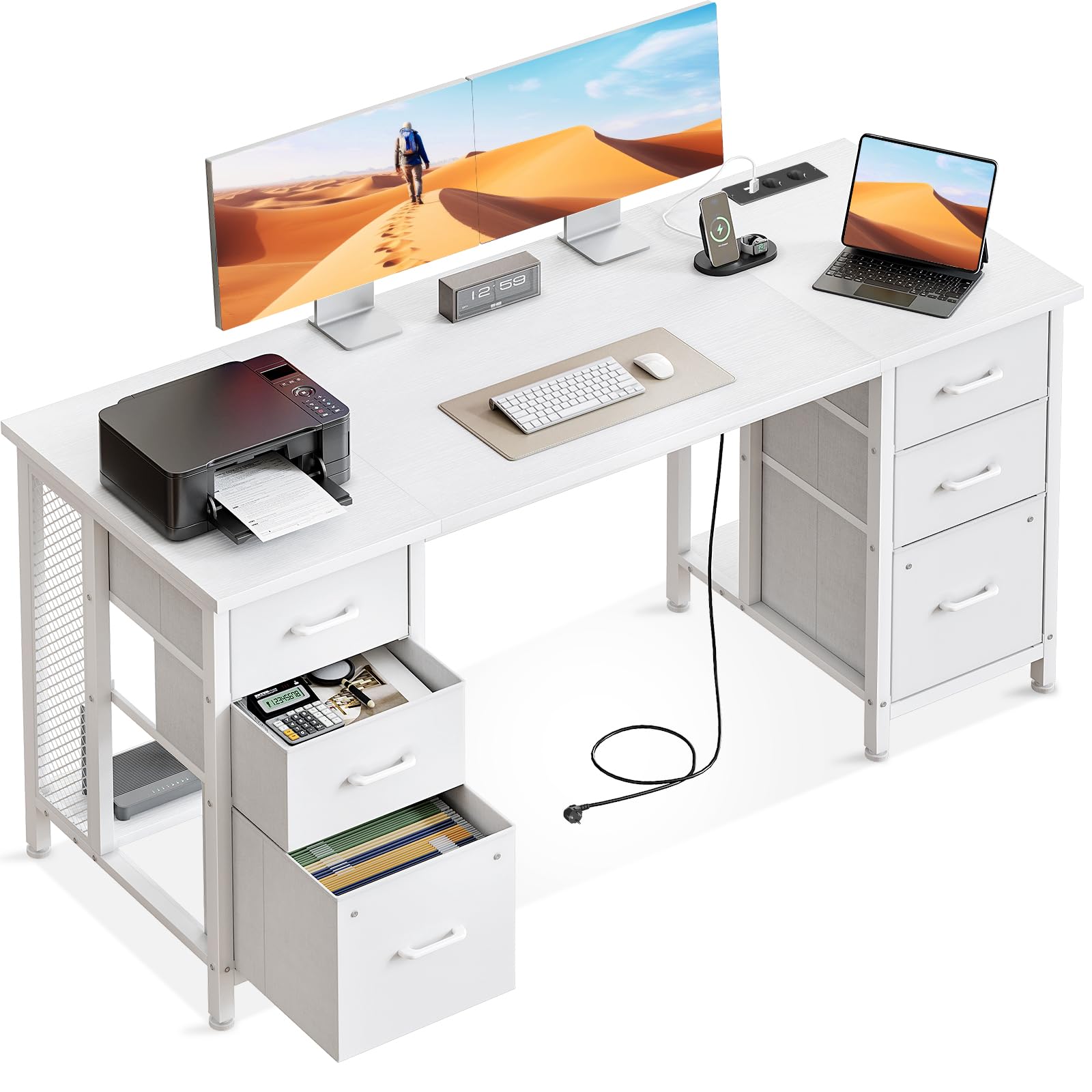 Coleshome Escritorio con 6 Cajones, 160x52 cm Mesa Escritorio 2 Enchufes y 2 Puertos de Carga USB, Escritorio Ordenador con Estantes para la Oficina en Casa, Blanco