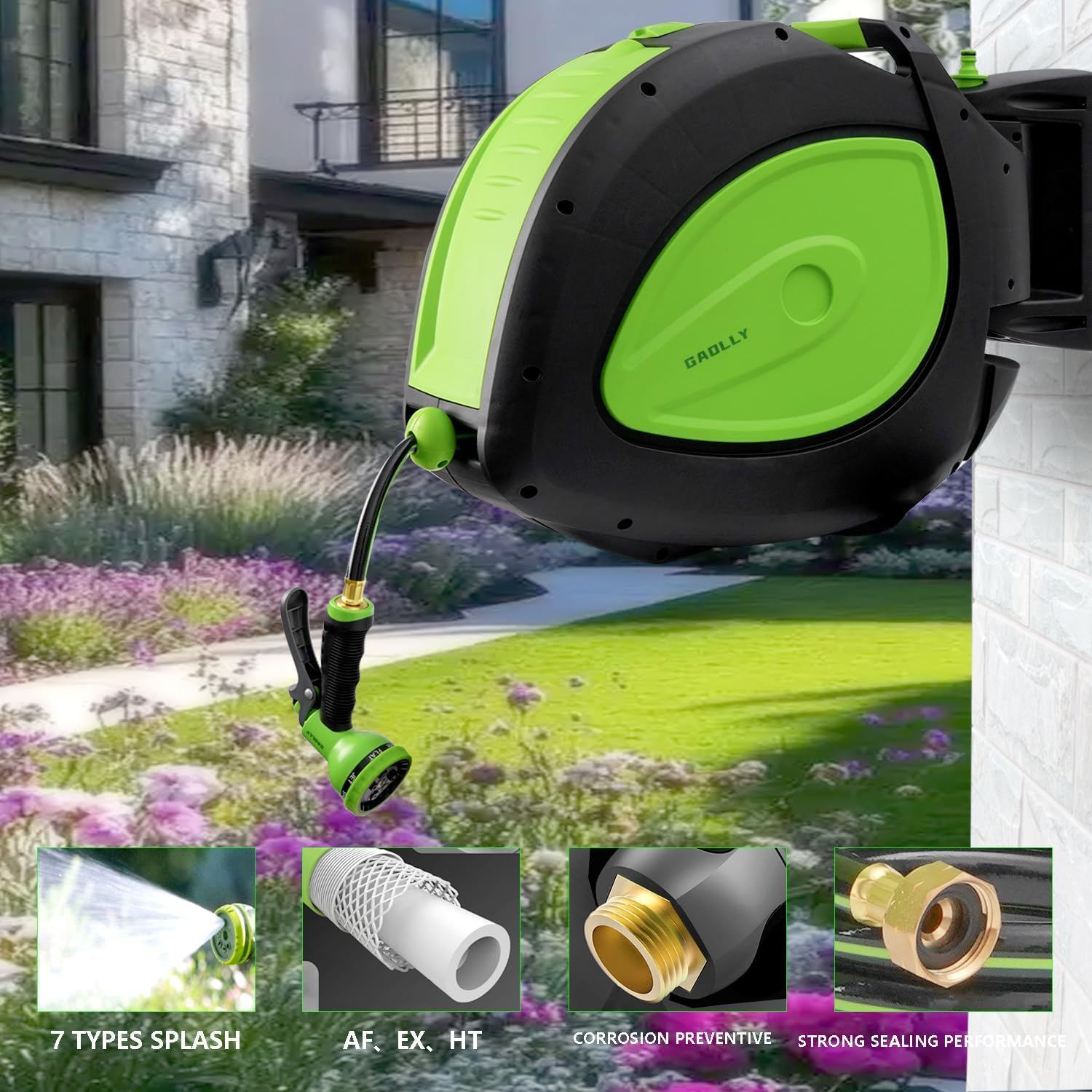 Retractable Garden Hose Reel 100 FT, 1/2 in 348 PSI High-Pressure Hybrid Hose, 36,000+ Auto Rewind Cycles, Any Length Lock, 15-Pattern Dual Nozzle, Wall Mount 180° Swivel