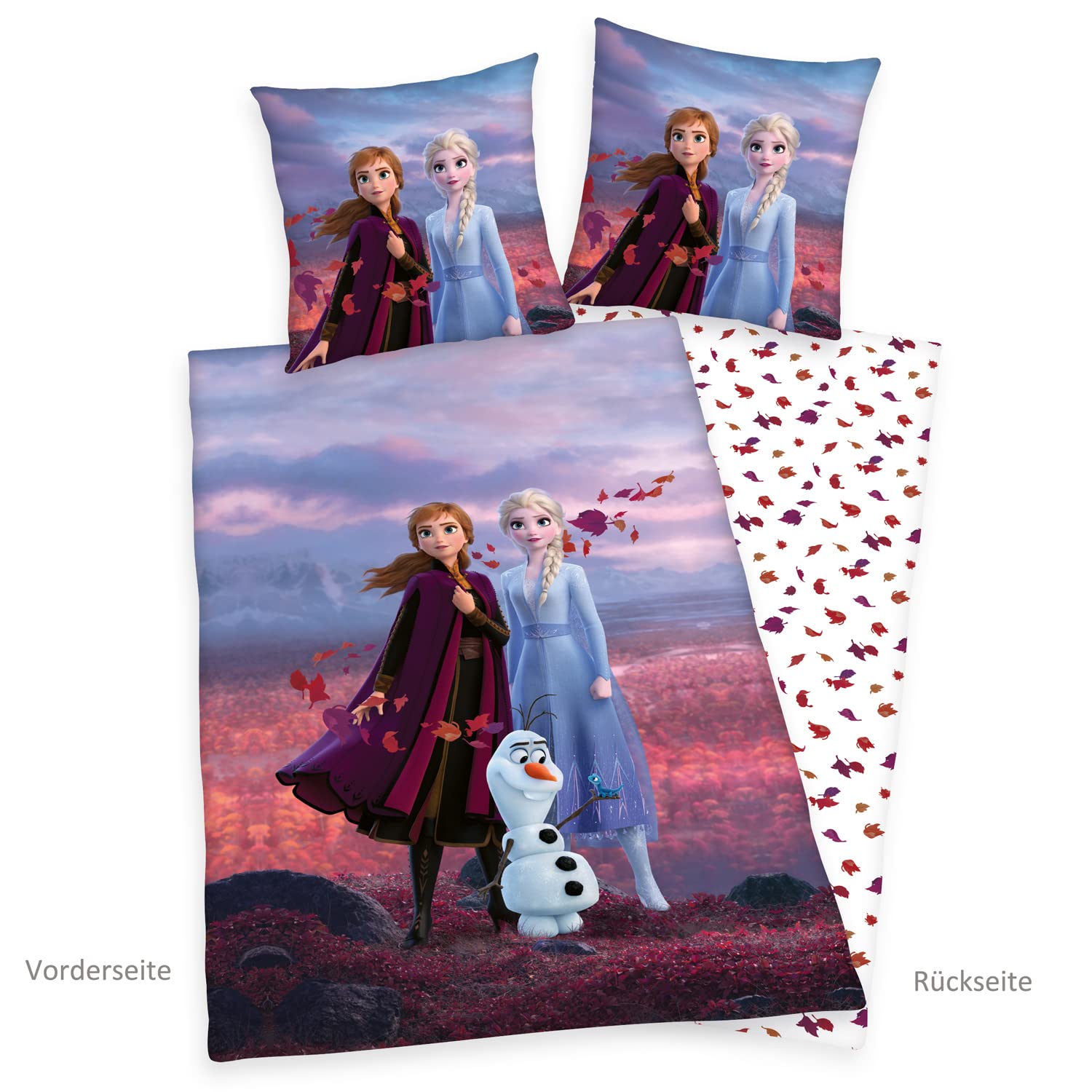 Parure Letto Frozen Per Singolo - Copripiumino Reversibile 140x200 Cm + Federa 65x65 Cm In Cotone 100% - Con Elsa, Anna E Olaf