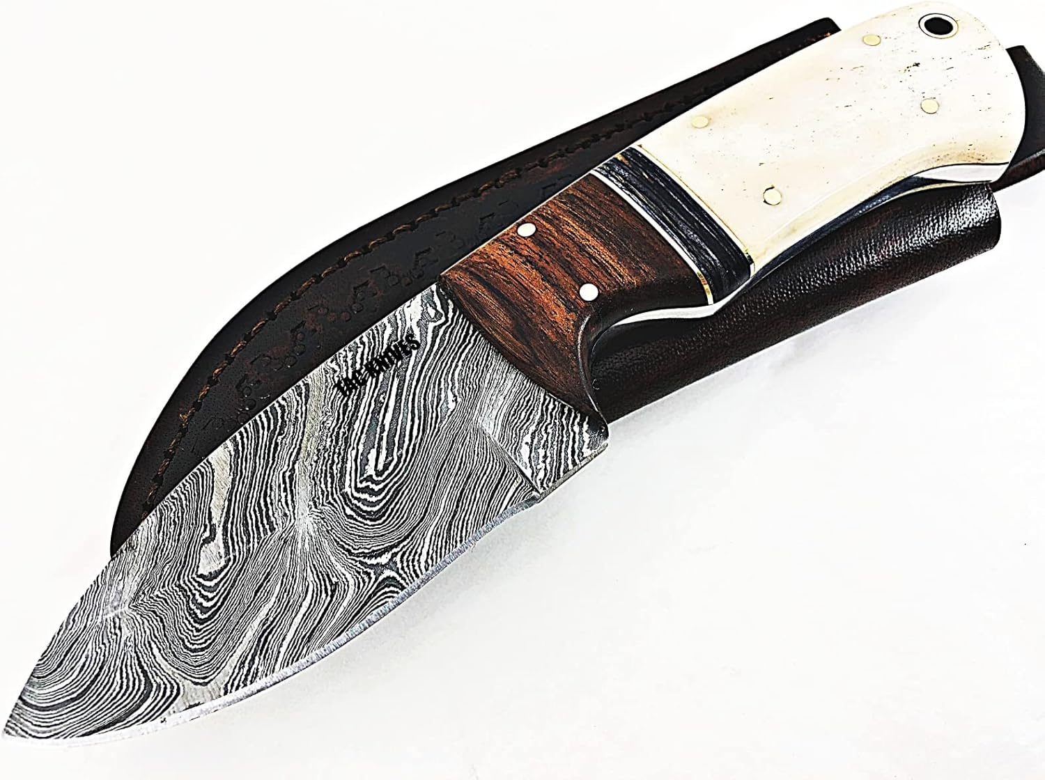 TAC KNIVES Custom Handmade Damascus Steel Knife - Beautiful | Camping, Survival knife for men - EDC Bushcraft Knife WITH LEATHR SHEATH (BONE)