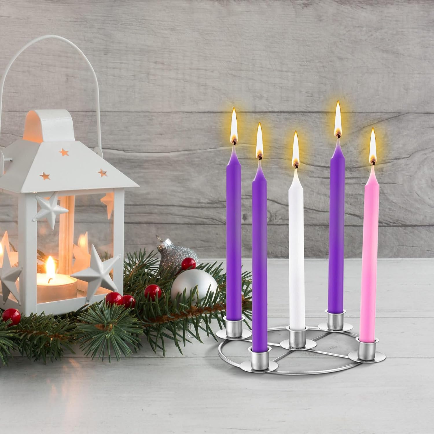 Newtay 1 Pack Christmas Advent Wreath Candle Holder 5 Candle 8.5 Inch Advent Wreath Ring Table Decoration Xmas Metal Ring for Christmas Holiday Home Decor (Silver)