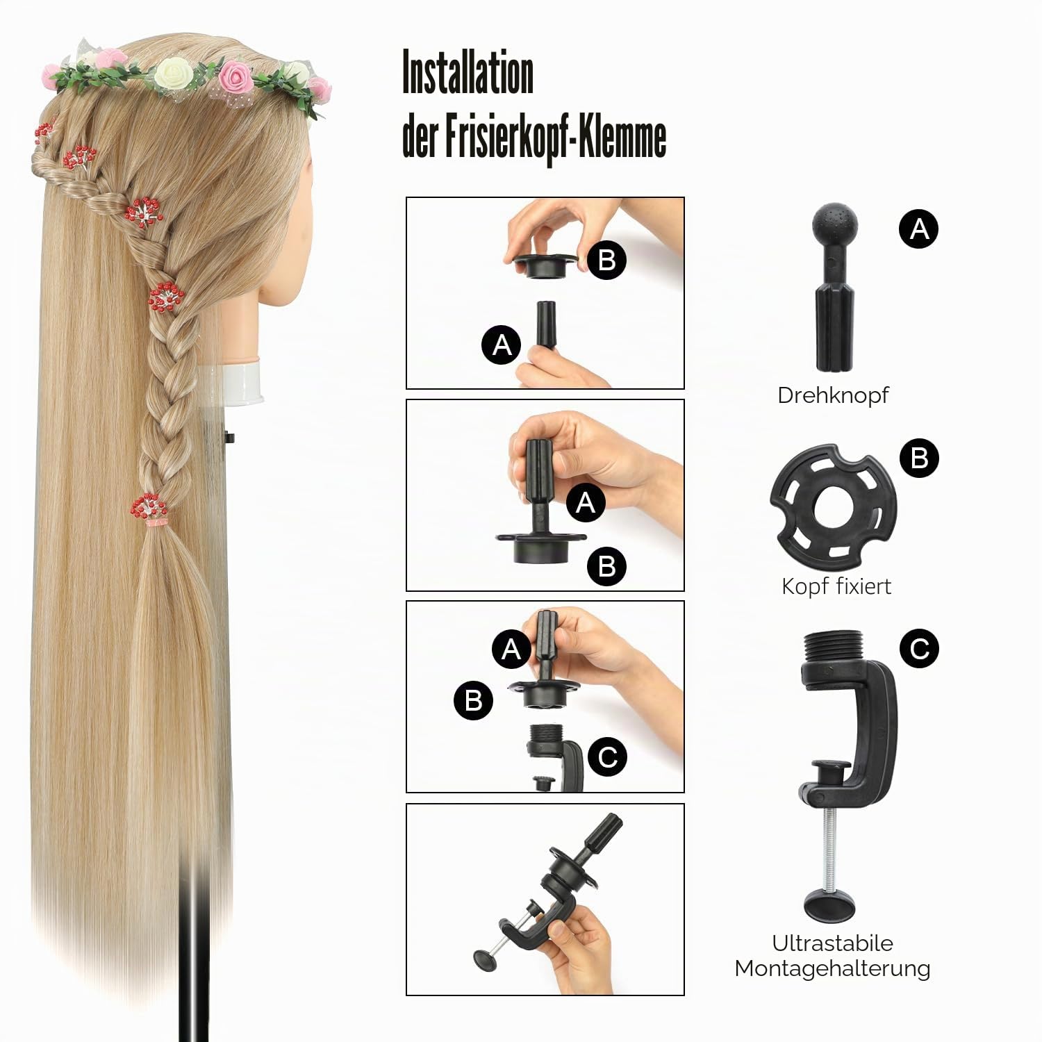 Trainingsköpfe, 28 inch Übungskopf Frisierkopf Friseur 100% Synthetikfaser-Haar Styling Kopf Frisierkopf für Frisöre mit kostenloser Klemme und DIY Flechtset (Hellbraun)